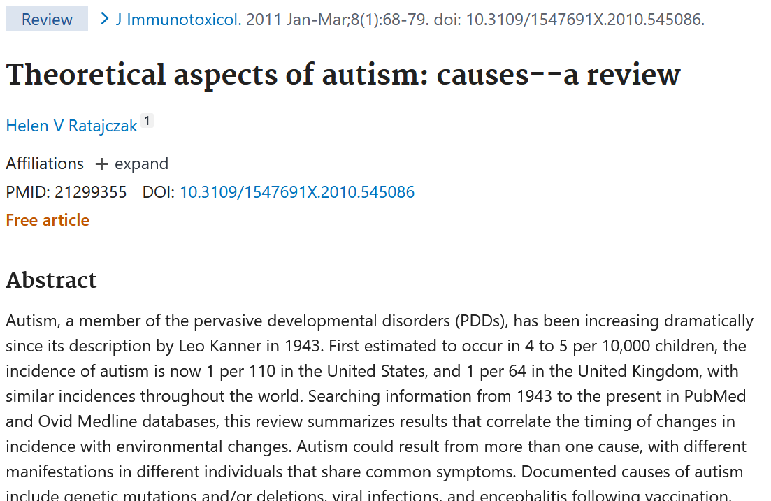 Screenshot of a scientific review article titled 'Theoretical aspects of autism: causes--a review' by Helen V Ratajczak, published in the Journal of Immunotoxicology, January-March 2011.