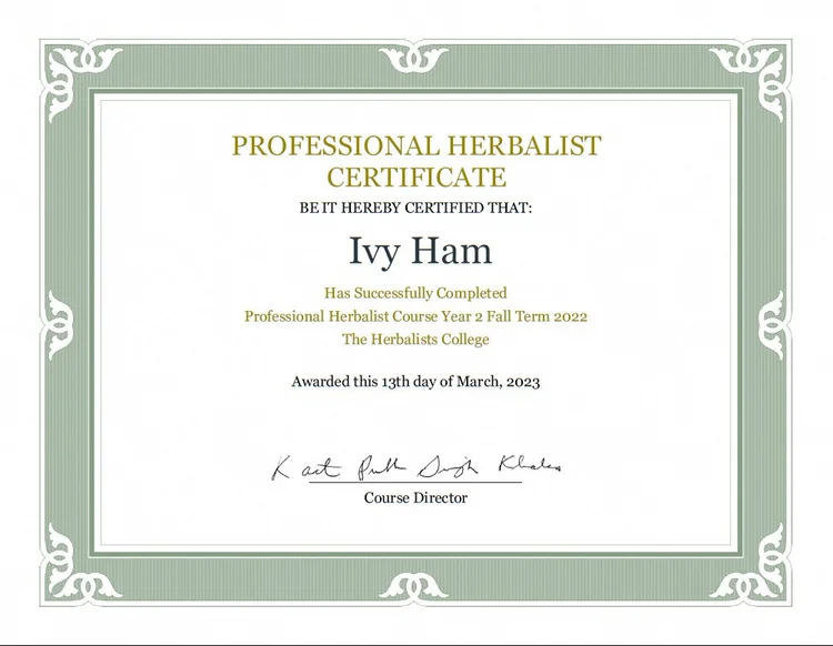 Professional Herbalist course completion certificate for Ivy Ham.