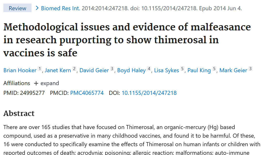 Screenshot of a research article titled 'Methodological issues and evidence of malfeasance in research purporting to show thimerosal in vaccines is safe'. The article lists authors, affiliations, and scientific identifiers like DOI and PMID. The abstract discusses studies on thimerosal, its use as a preservative in vaccines, and concerns about its safety.