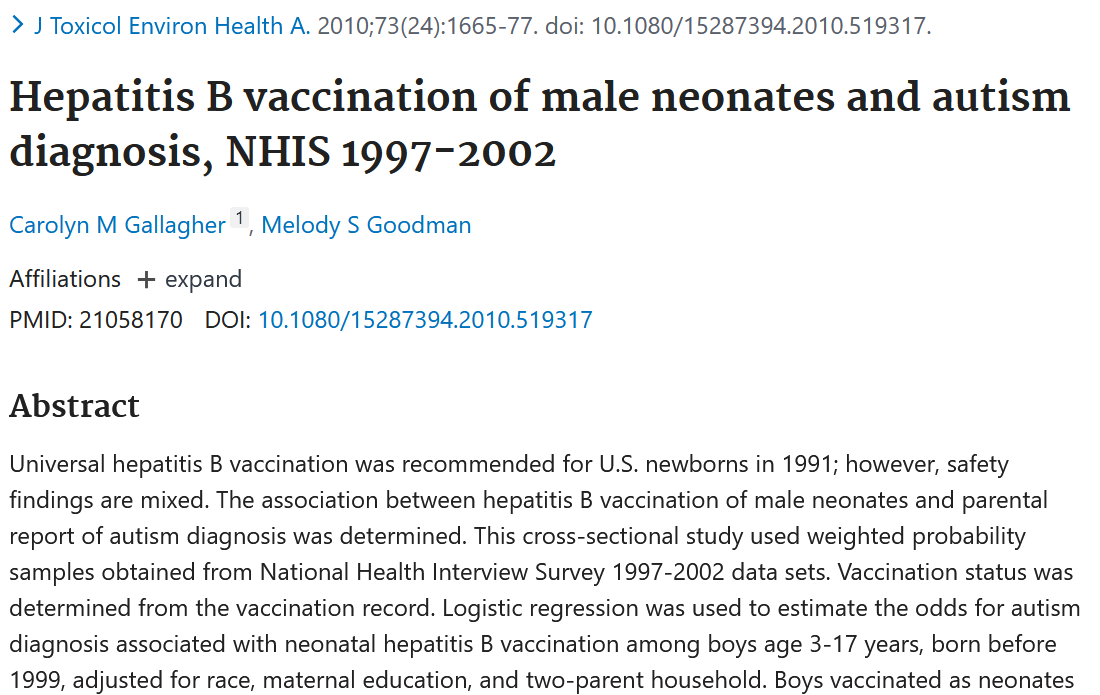 Academic journal article page titled 'Hepatitis B vaccination of male neonates and autism diagnosis, NHIS 1997-2002,' authored by Carolyn M Gallagher and Melody S Goodman, with abstract discussing vaccination and autism study.