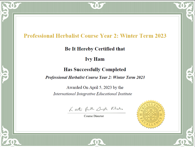 Professional Herbalist Course Year 2 completion certificate from IIEI awarded to Ivy Ham.