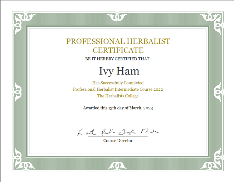 Professional Herbalist Course 2022 certificate awarded to Ivy Ham.