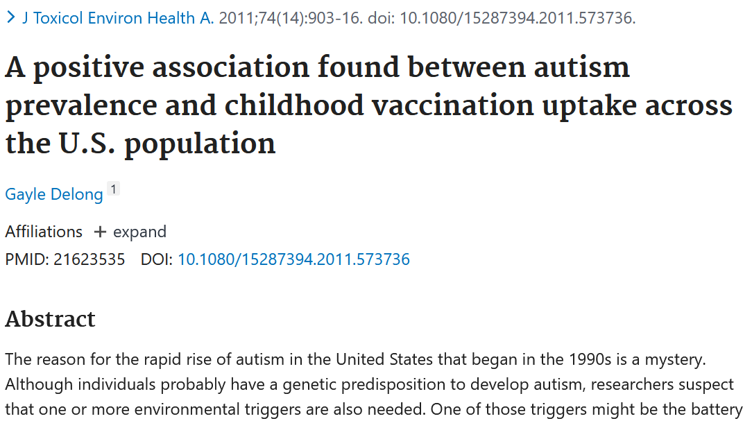 Screenshot of a scientific article titled 'A positive association found between autism prevalence and childhood vaccination uptake across the U.S. population,' authored by Gayle Delong, published in J Toxicol Environ Health A in 2011.