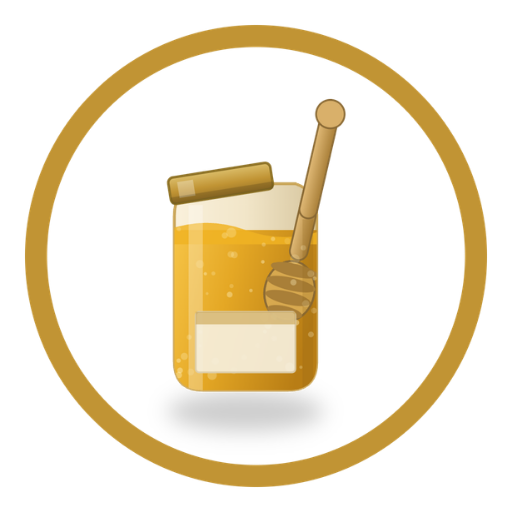Glas mit Honig und Honigwabe, umgeben von einem goldenen Kreis.