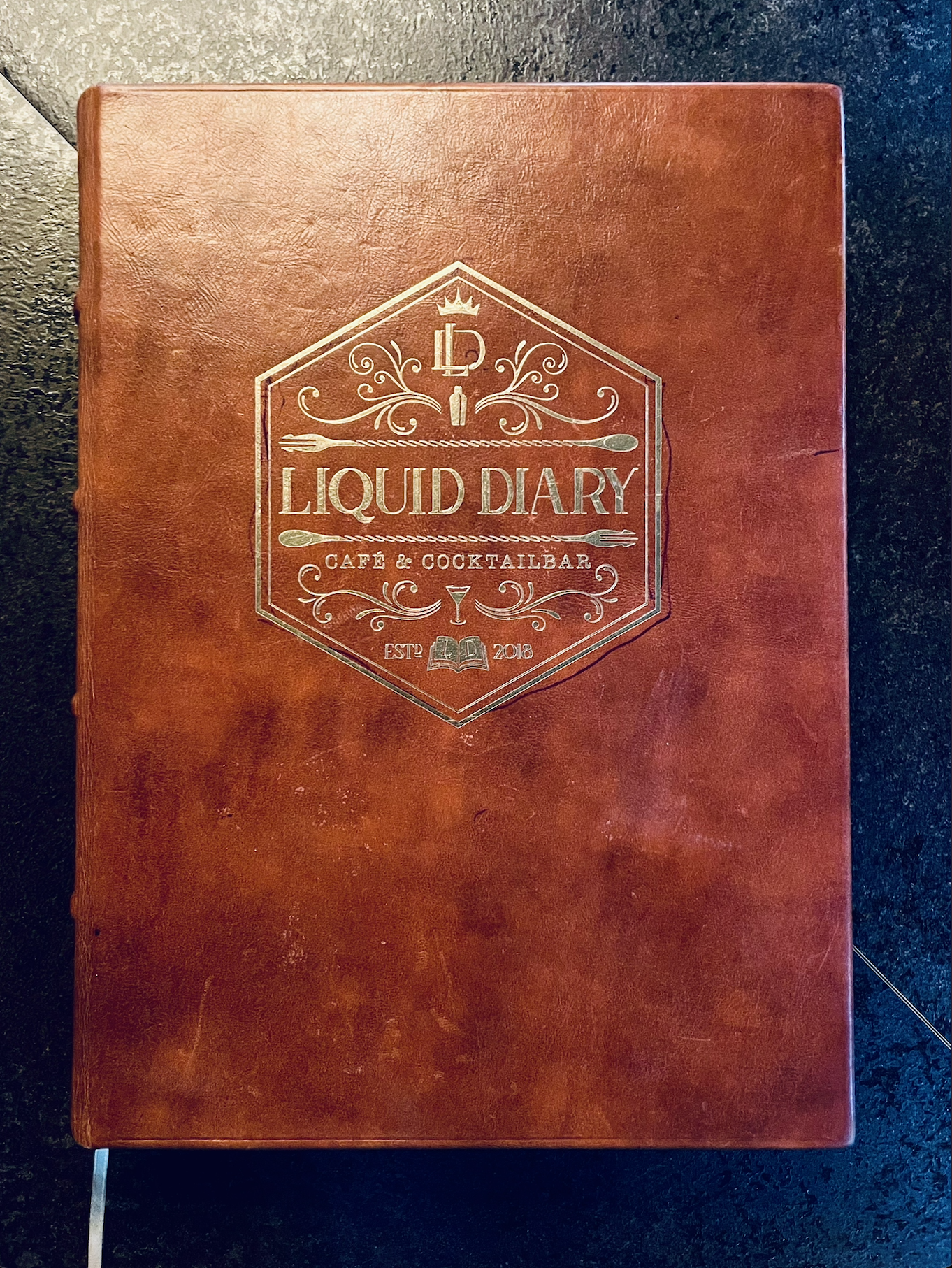 Ledergebundened Buch mit golgender Stanzung am Cover, auf dem "LIQUID DIARY" steht