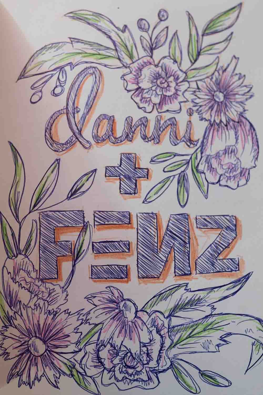 Foto einer Seite aus dem Liquid Diary Tagebuch, in dem ein Gast etwas gezeichnet oder sich mit einer Nachricht verewigt hat.