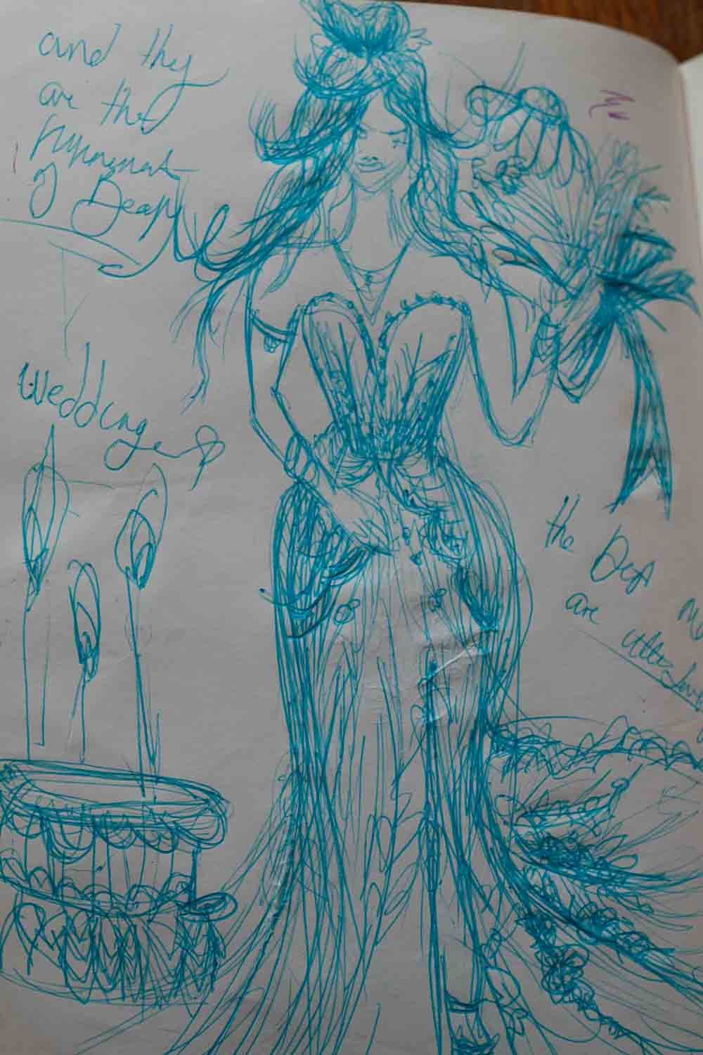 Foto einer Seite aus dem Liquid Diary Tagebuch, in dem ein Gast etwas gezeichnet oder sich mit einer Nachricht verewigt hat.