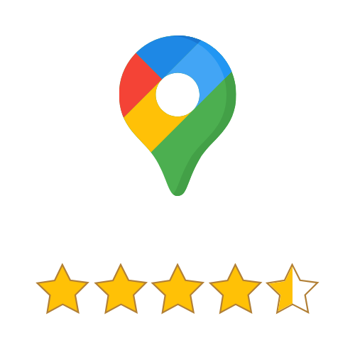 Google Maps Logo mit Fünf-Sterne-Bewertung, vier Sterne voll, ein halber Stern, auf schwarzem Hintergrund.