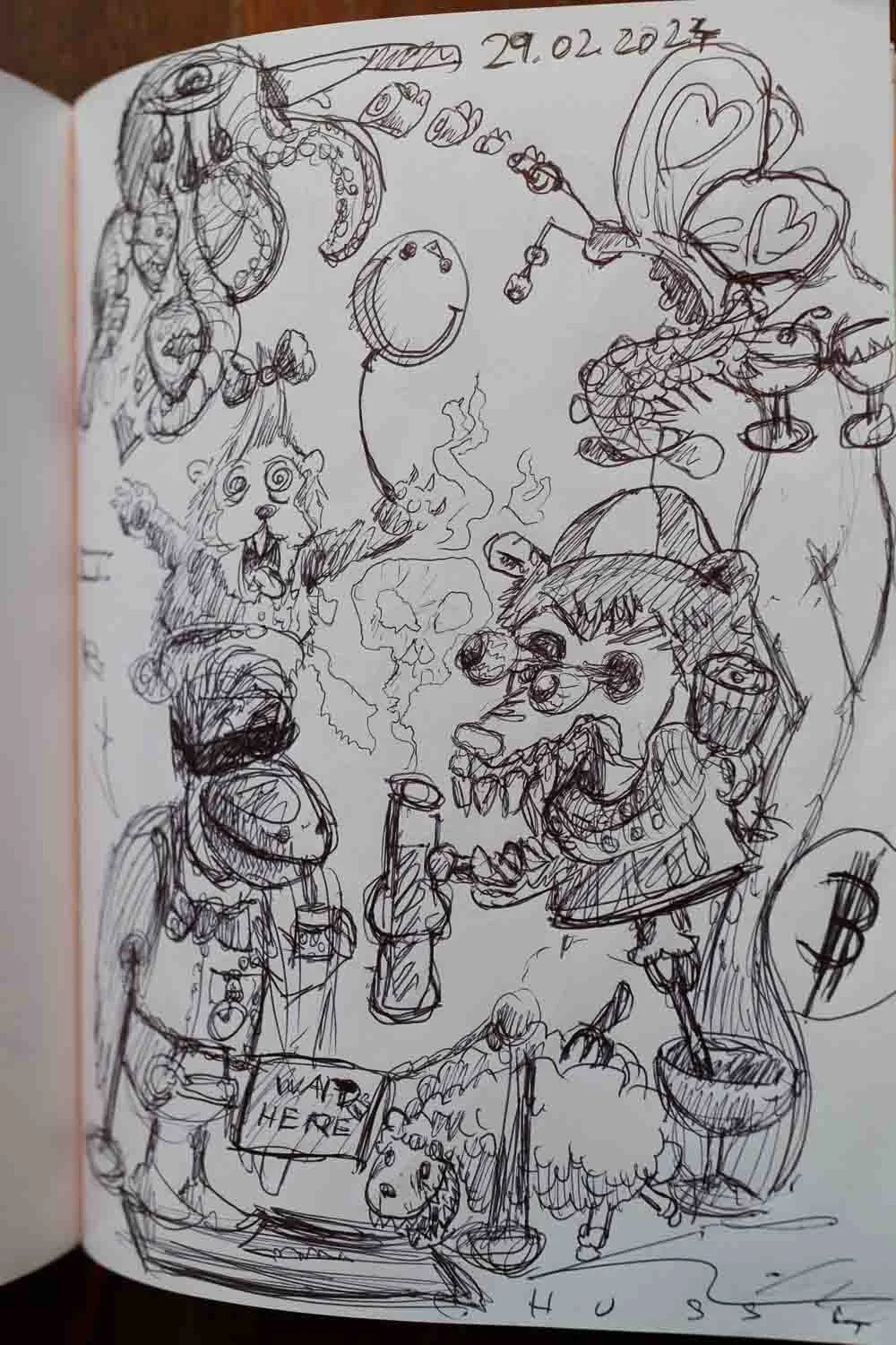 Foto einer Seite aus dem Liquid Diary Tagebuch, in dem ein Gast etwas gezeichnet oder sich mit einer Nachricht verewigt hat.