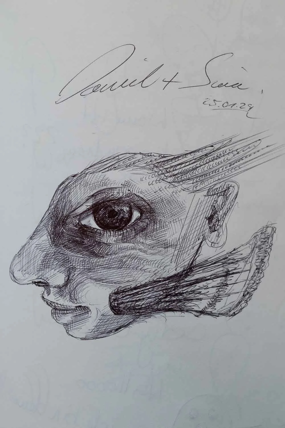 Foto einer Seite aus dem Liquid Diary Tagebuch, in dem ein Gast etwas gezeichnet oder sich mit einer Nachricht verewigt hat.