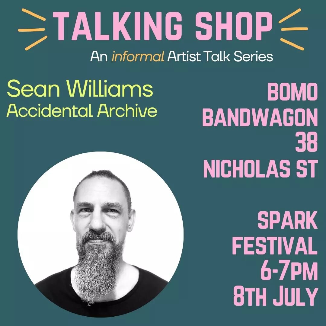 TONIGHT!! 

You will find artist, Sean Williams hanging out at @bomo_bandwagon, 38 Nicholas St from 6-7pm.

Catch him on the street, having a casual chat and fielding any questions you have about his installation Accidental Archive. 

This is an oppo