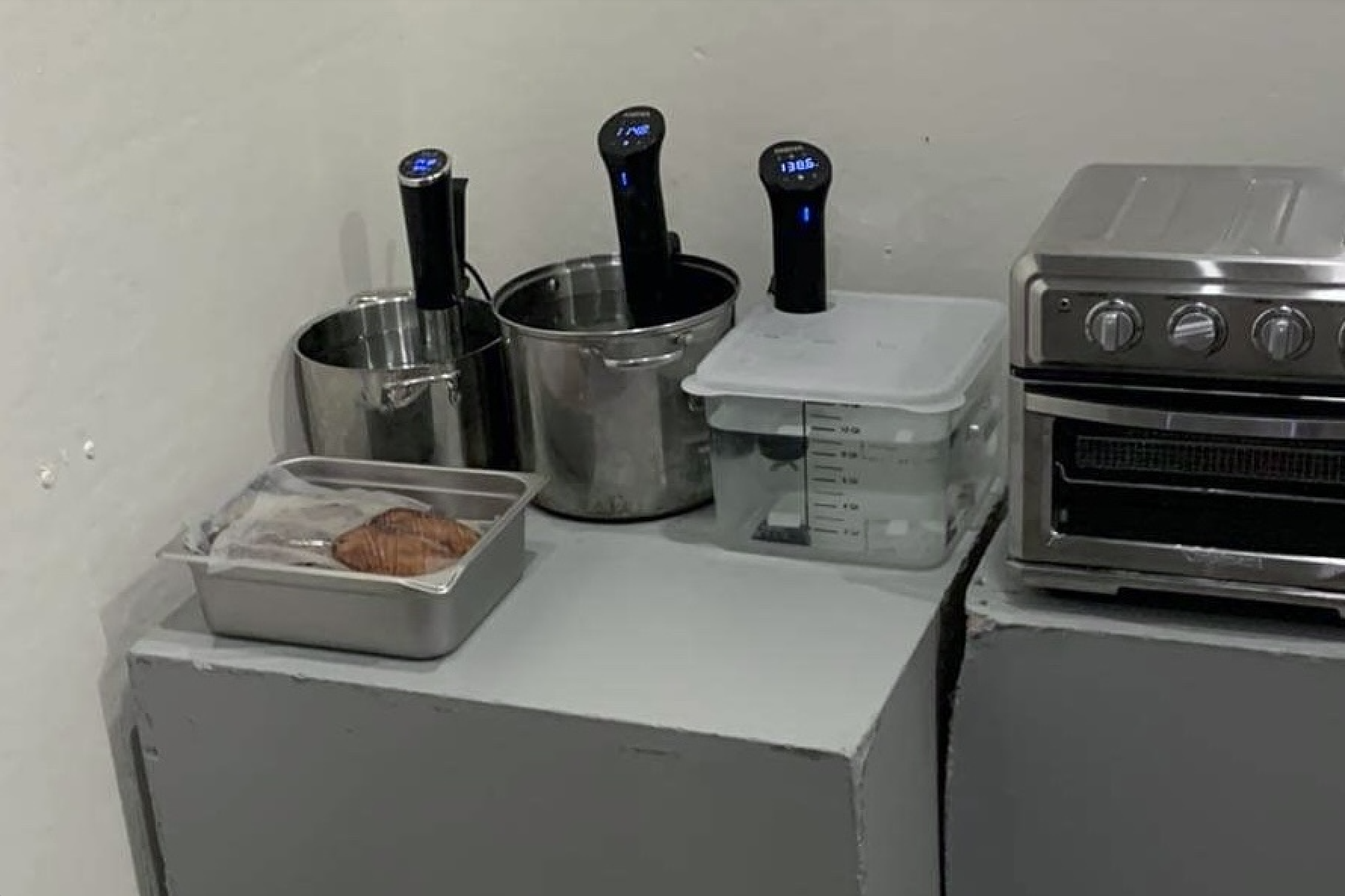 The array of sous vide machines that were critical to the success of the MINCE portable kitchen. 