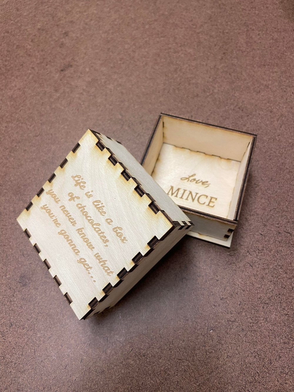 Custom laser-cut box with engraving, made by head chef Michael Chen :)