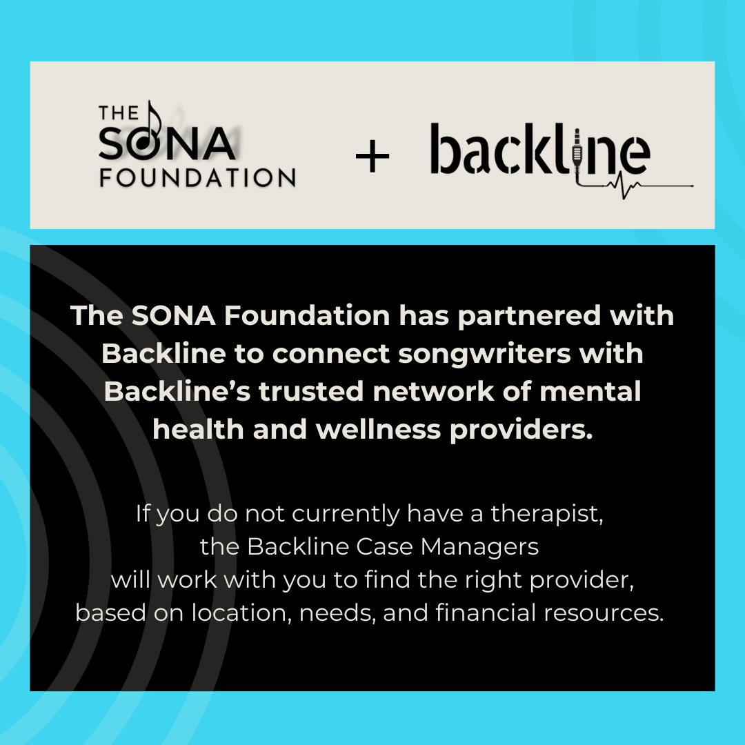 A graphic announcing a partnership between the SONA Foundation and Backline, connecting songwriters with mental health therapists through Backline's mental health network.
