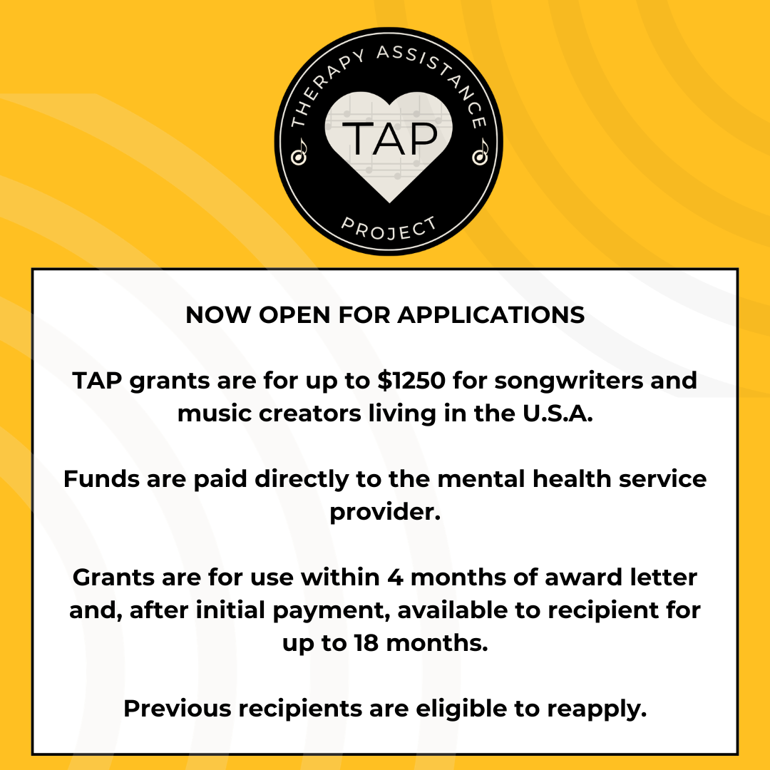 Information about TAP grants for songwriters and music creators, with a logo featuring a heart and the words 'Therapy Assistance Project' and details about grant eligibility and application process.