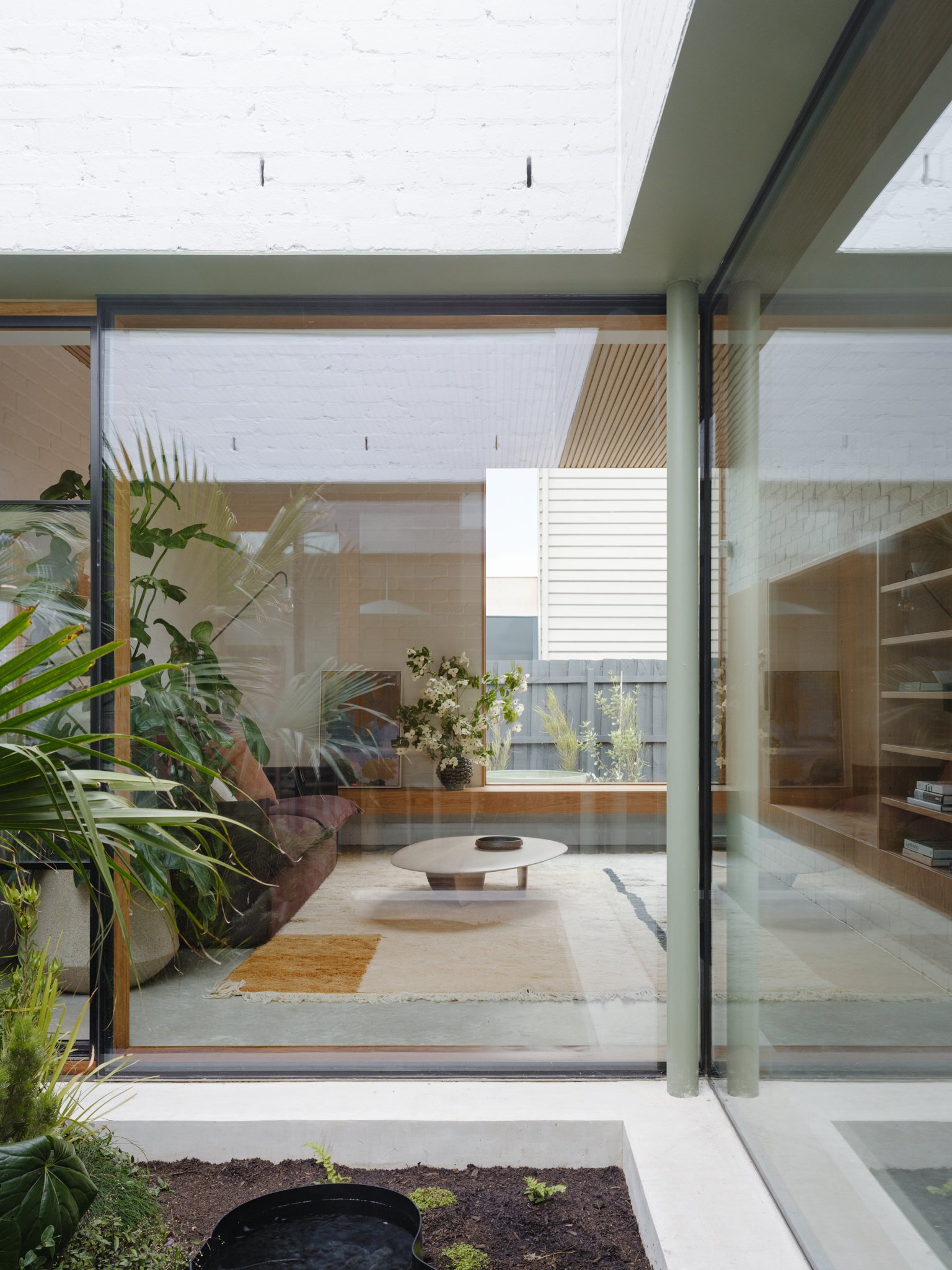 View through large glass window into a modern living room with plants, a carpet, a coffee table, and a TV unit.