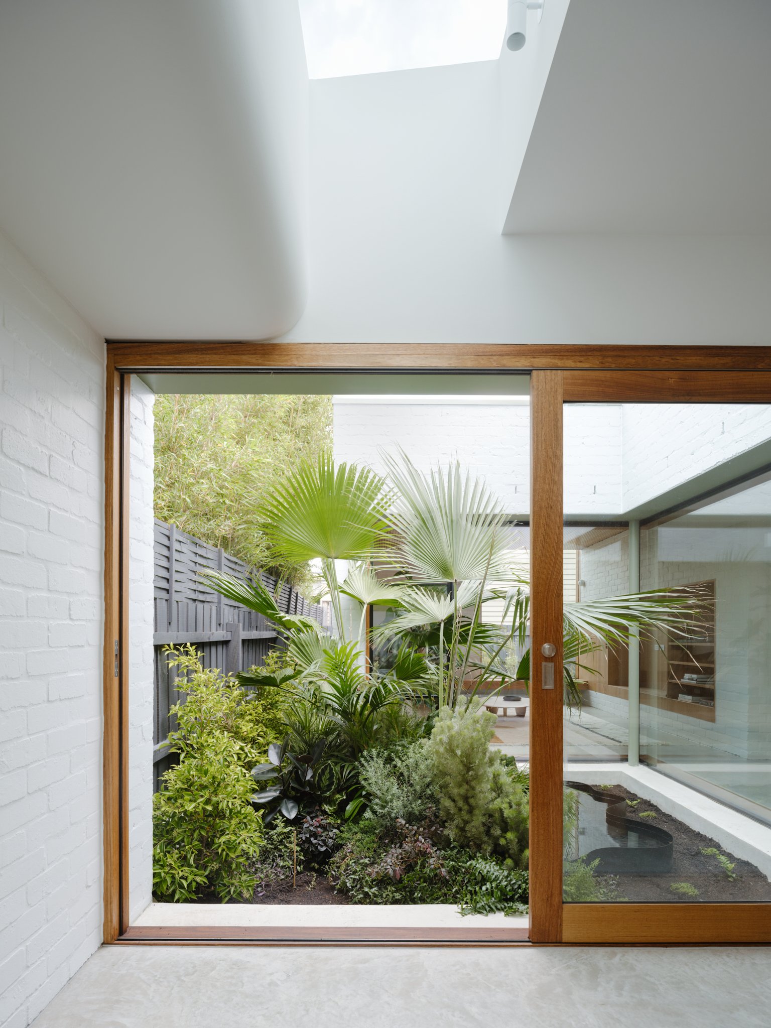 Indoor view through a large sliding glass door to a small garden with lush green plants and a bamboo fence.
