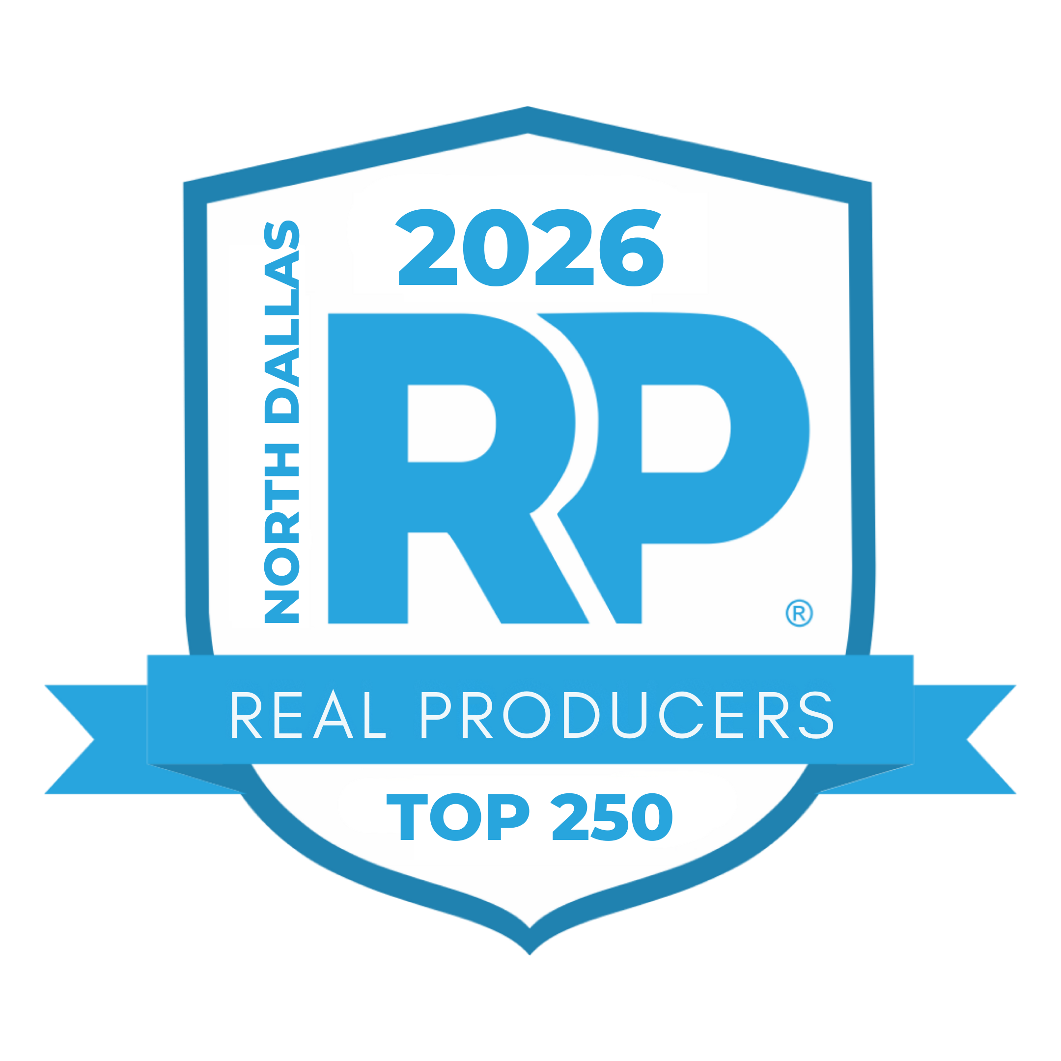 2026 North Dallas Real Producers Top 250 badge with a shield shape, blue and white color scheme, large blue 'RP' logo in the center, and text indicating North Dallas, Dallas, and Top 250.