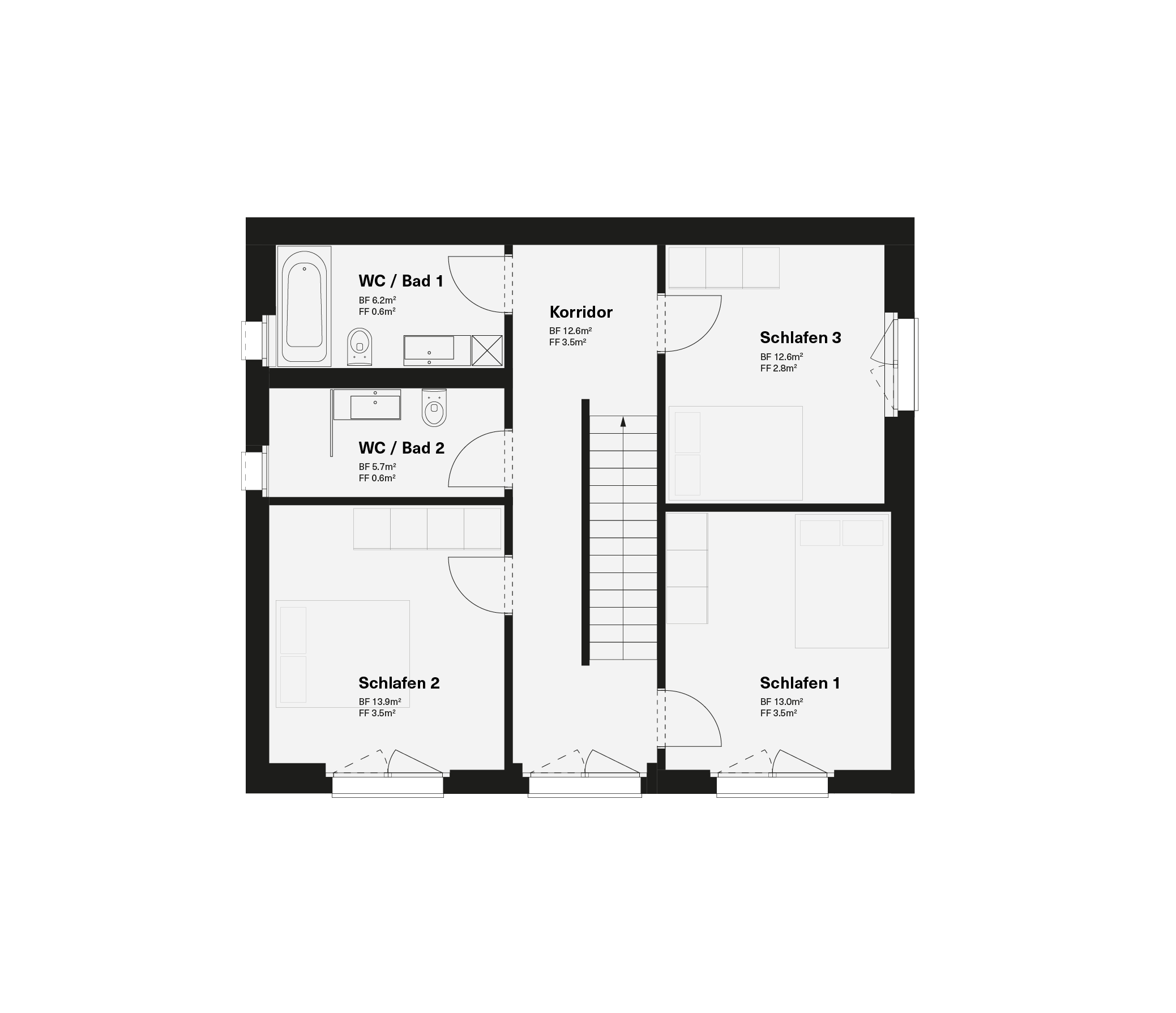 Grundriss eines Hauses mit Schlafzimmern, Badezimmern, Flur und Wohnzimmer, alles in Schwarz-Weiß-Darstellung.
