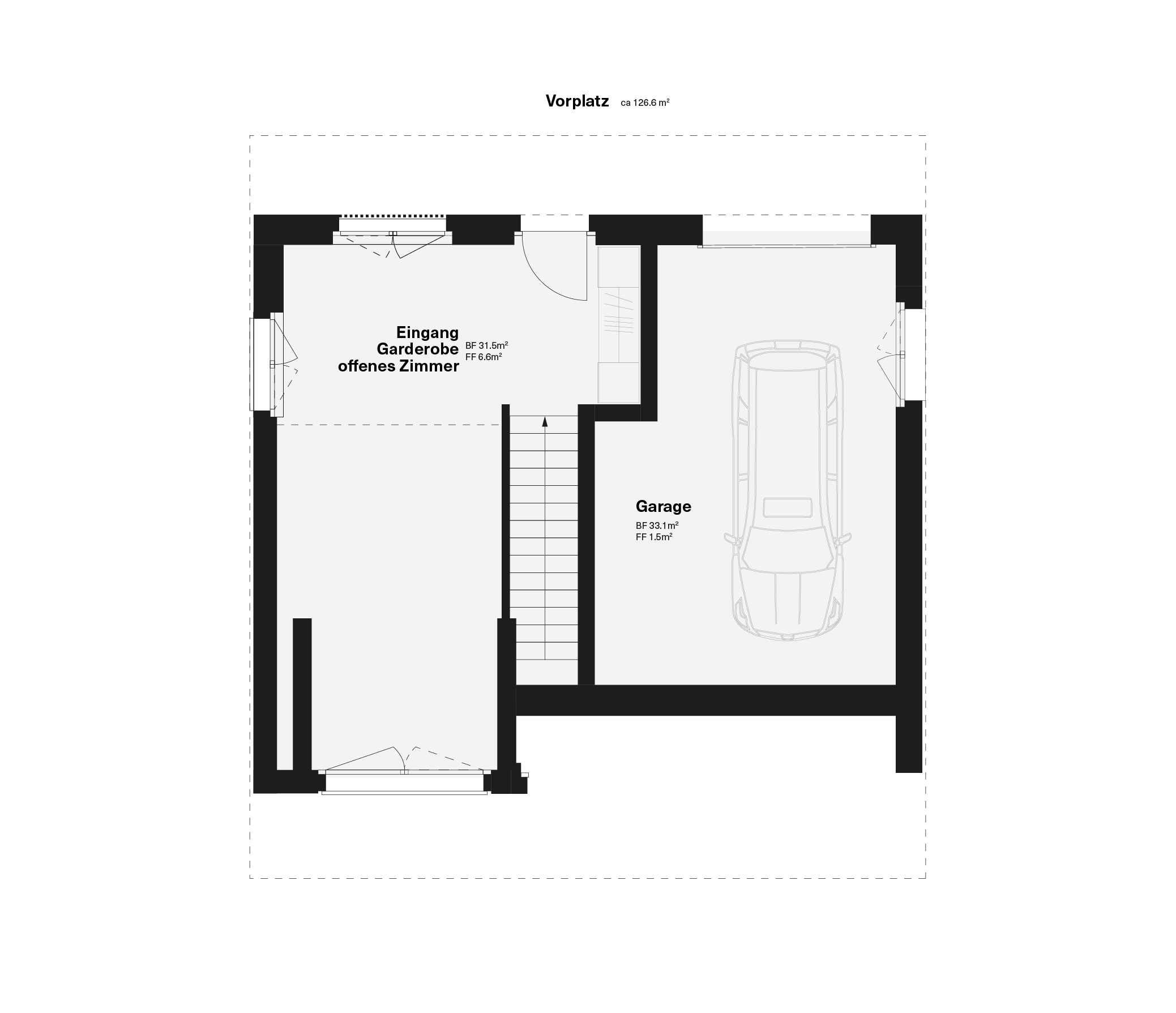 Grundriss eines Parkhauses mit markierten Bereichen für Garage, Eingang, Garderobe und offenes Zimmer.