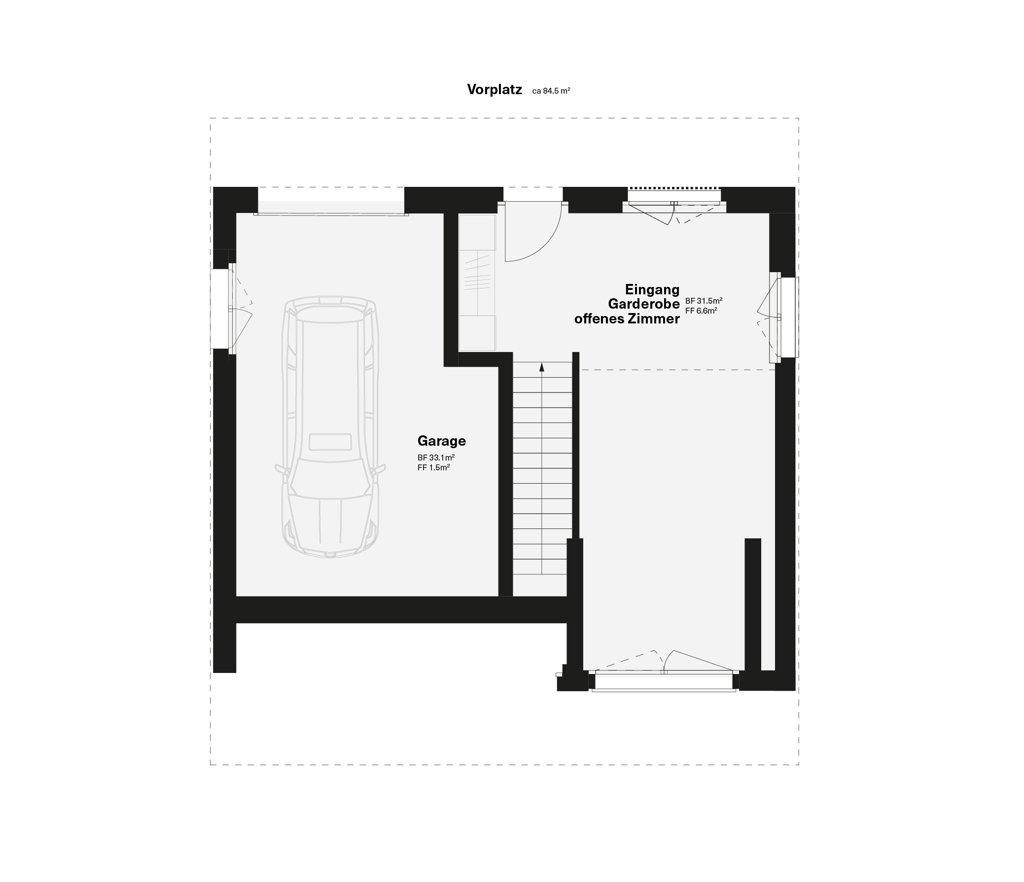 Grundriss eines Hauses mit Garage, offenem Zimmer, Eingang, Garderobe und Treppe.