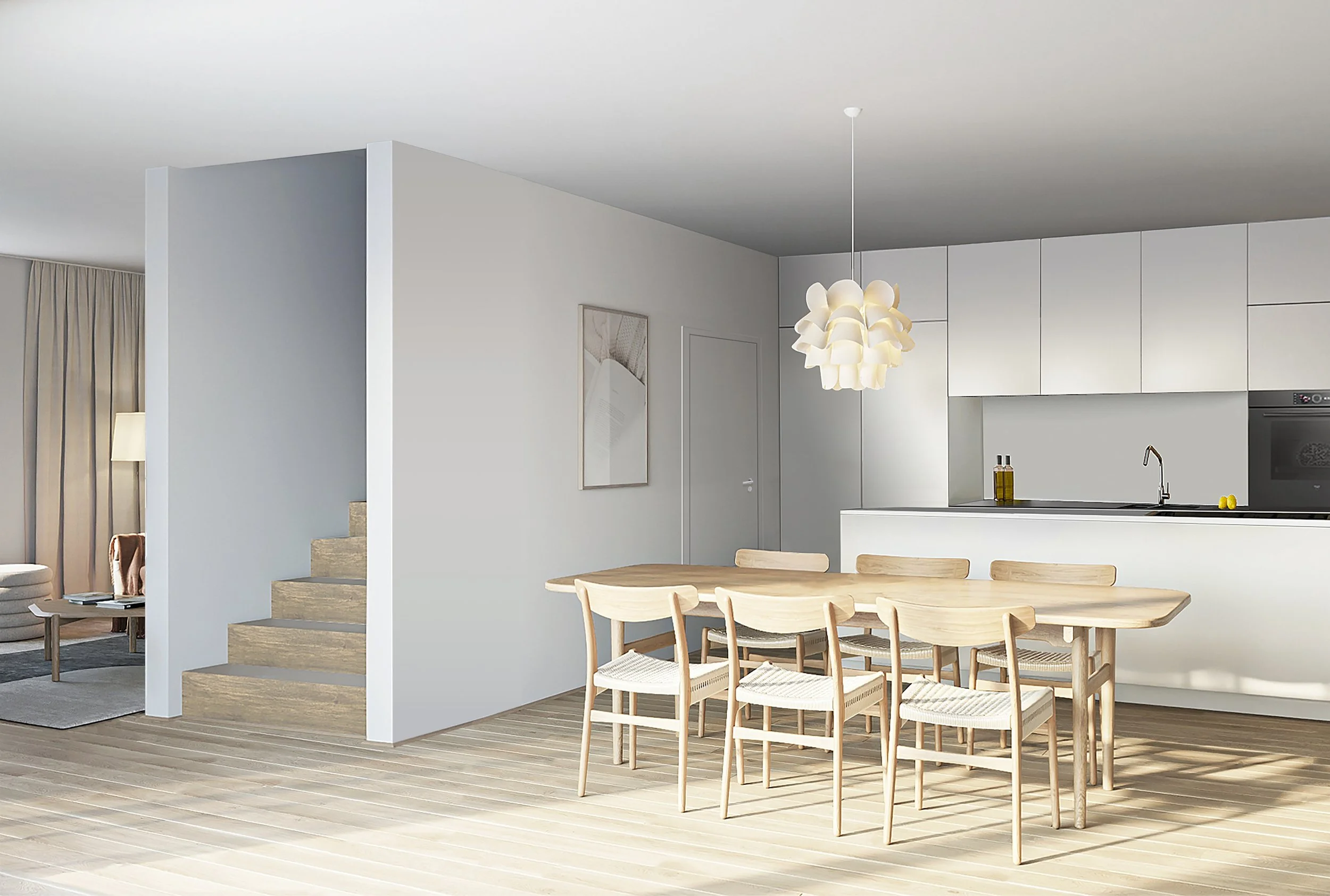 Ein moderner, minimalistischer Wohnraum mit Essbereich und Küchenzeile, helle Holzmöbel, weiße Wände, ein moderner Kronleuchter und ein Wohnzimmer mit Stehlampe im Hintergrund.