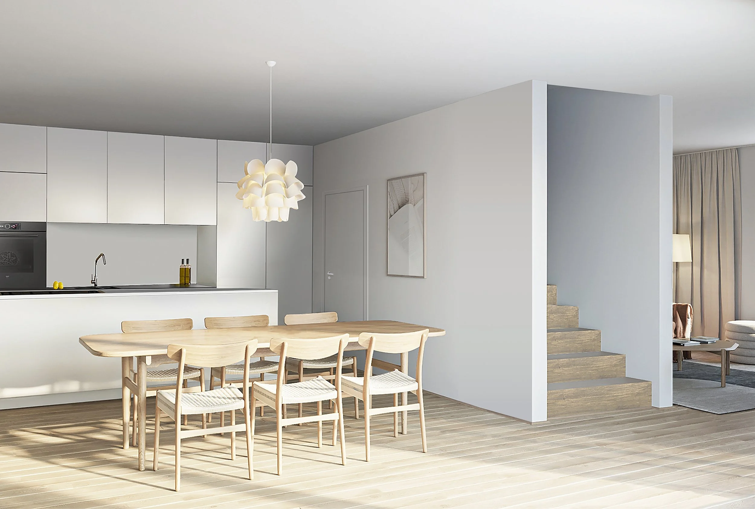 Moderner, heller Essbereich mit acht Stühlen um einen Holztisch, weiße Küche, hängende Lampe, Treppe und ein Wohnzimmer im Hintergrund.