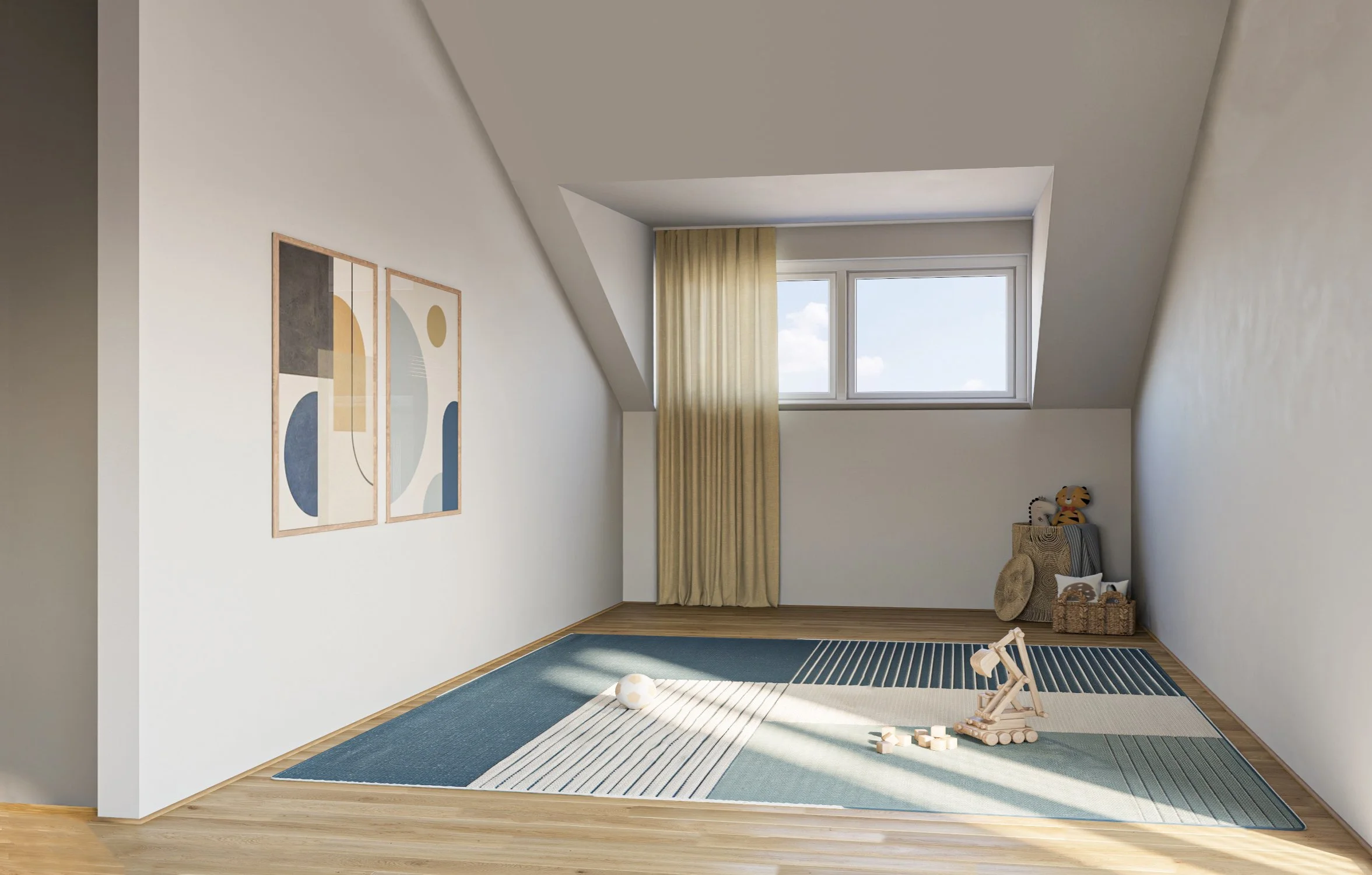 Ein helles, modernes Kinderzimmer mit einem großen Fenster, einem Teppich, einigen Dekorationen an der Wand und Spielzeugen in einer Ecke.