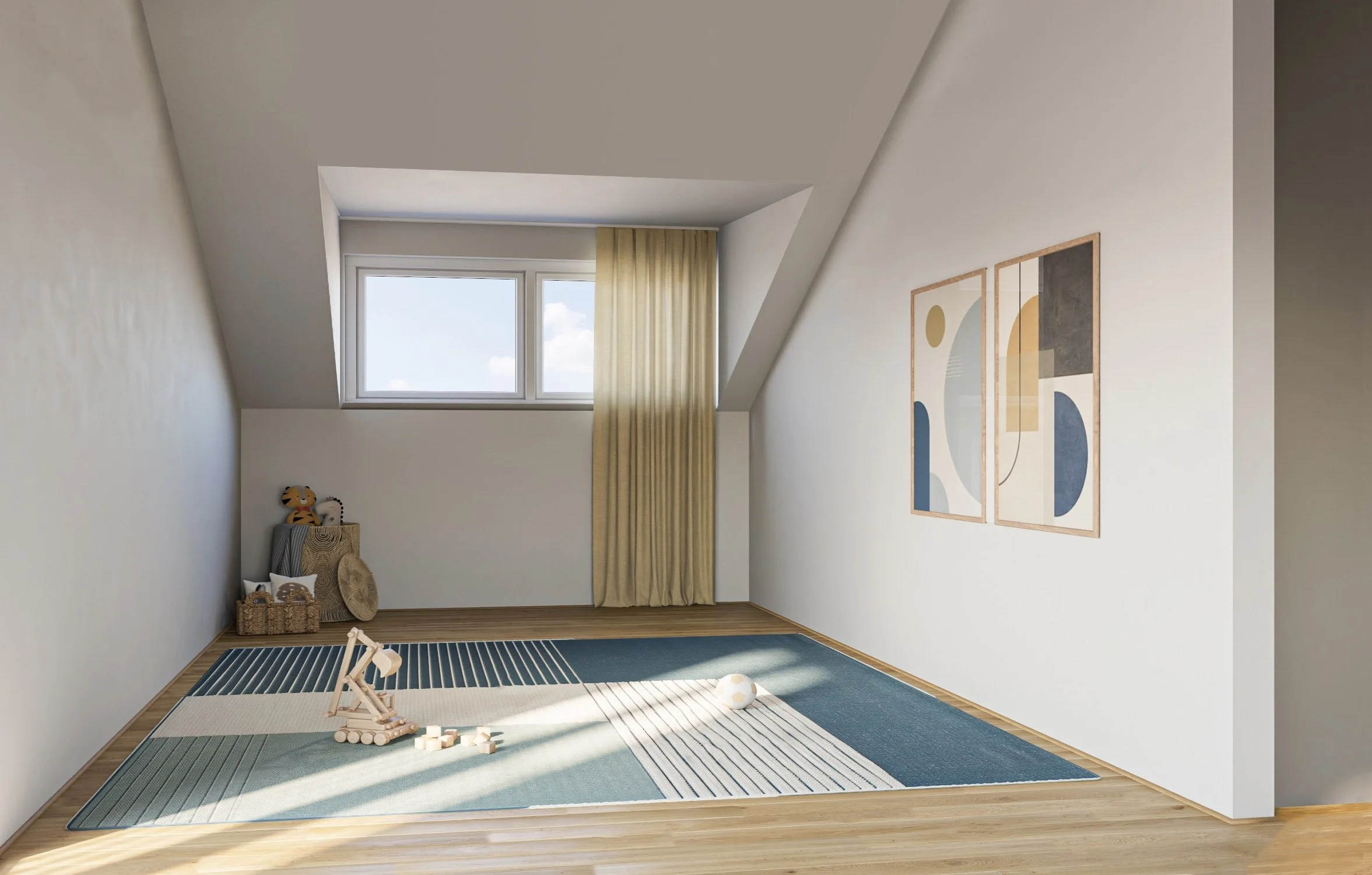 Ein leerer Raum mit Holzfußboden, einem großen Fensterausblick, dekorativen Wandbildern, einem Spielteppich, einem Holzspielzeug und einigen Kinderaccessoires.