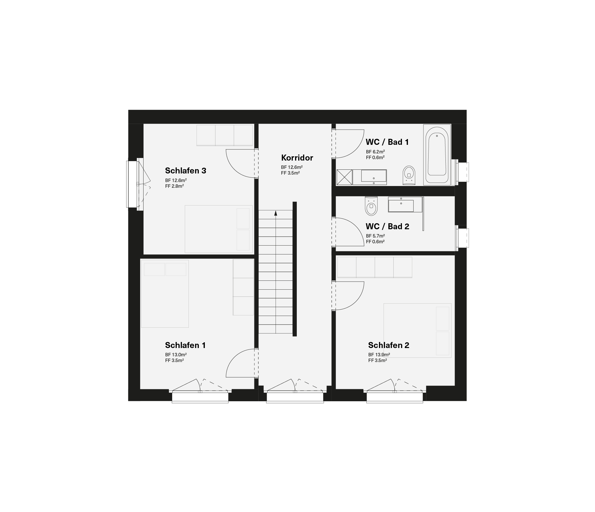 Grundriss eines Hauses mit Schlafzimmern, Badezimmern, Flur und Treppe.