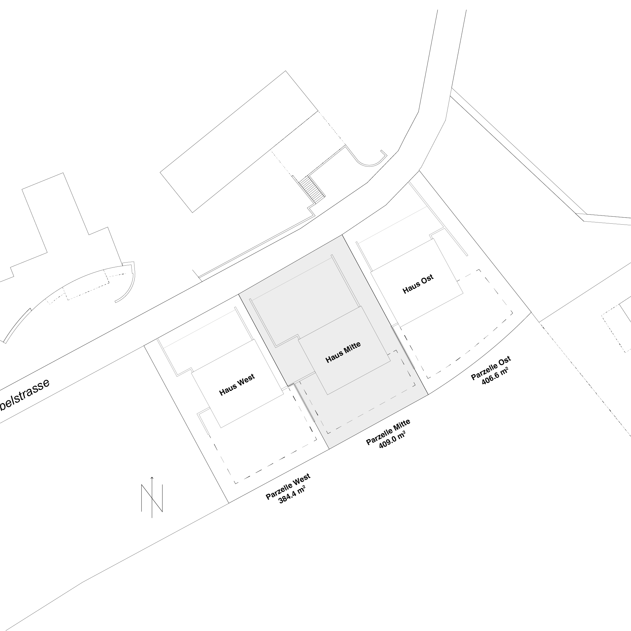 Architektenplan eines Hauses mit zentralem Innenhof, Beschriftung 'Haus Mitte' im Grundriss, auf Schwarz und Weiß Hintergrund.
