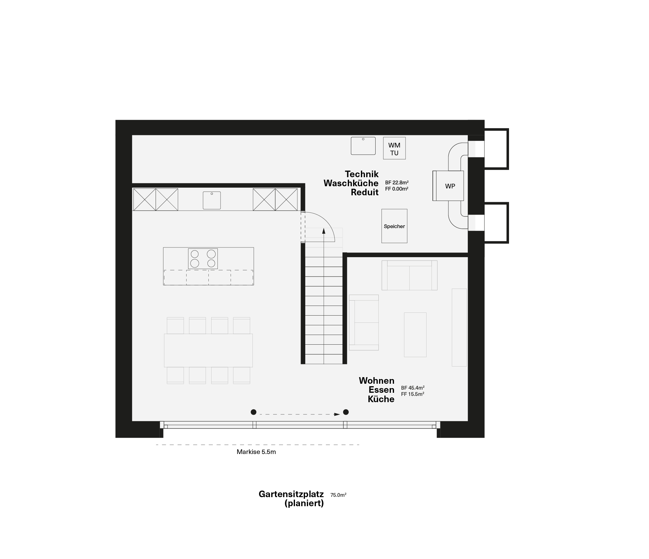 Grundriss eines Hauses mit Wohnbereich, Essbereich, Küche, Technikraum, Waschküche, Reduit und zwei Balkonen.