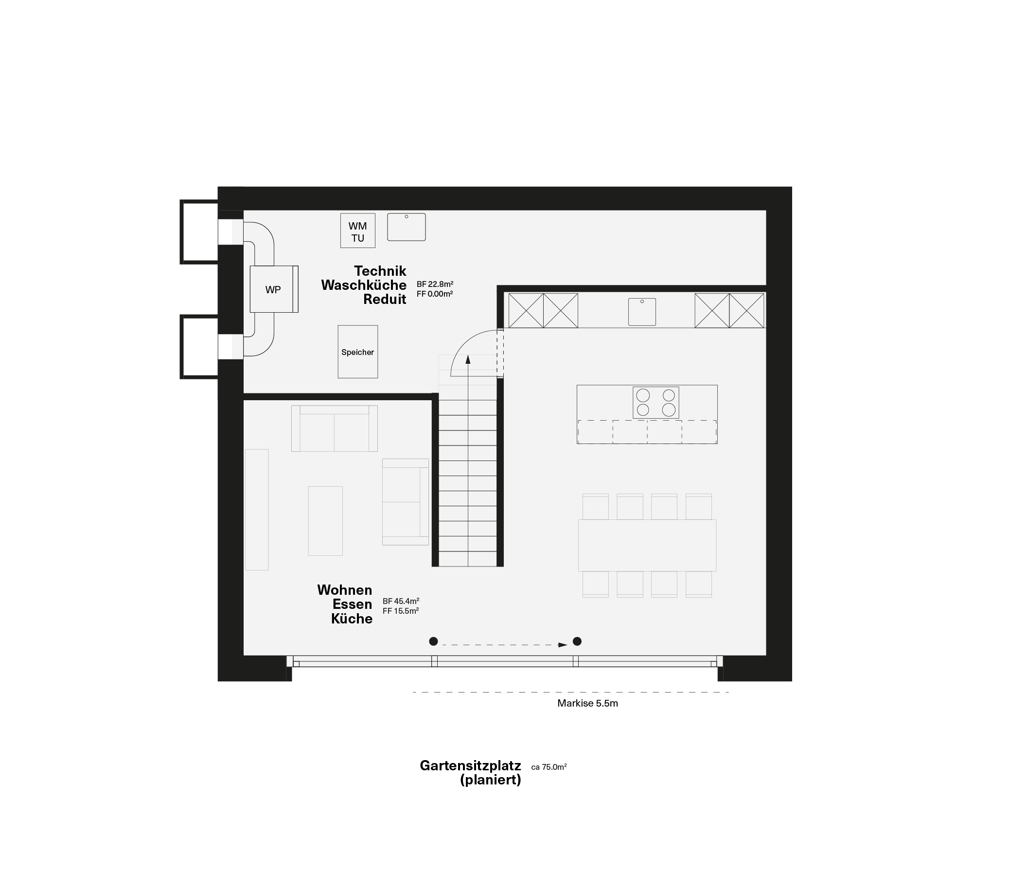 Grundriss eines Hauses mit Bereichen für Technik, Waschküche, Wohnen, Essen und Küche, sowie Speicher und technische Einrichtungen.