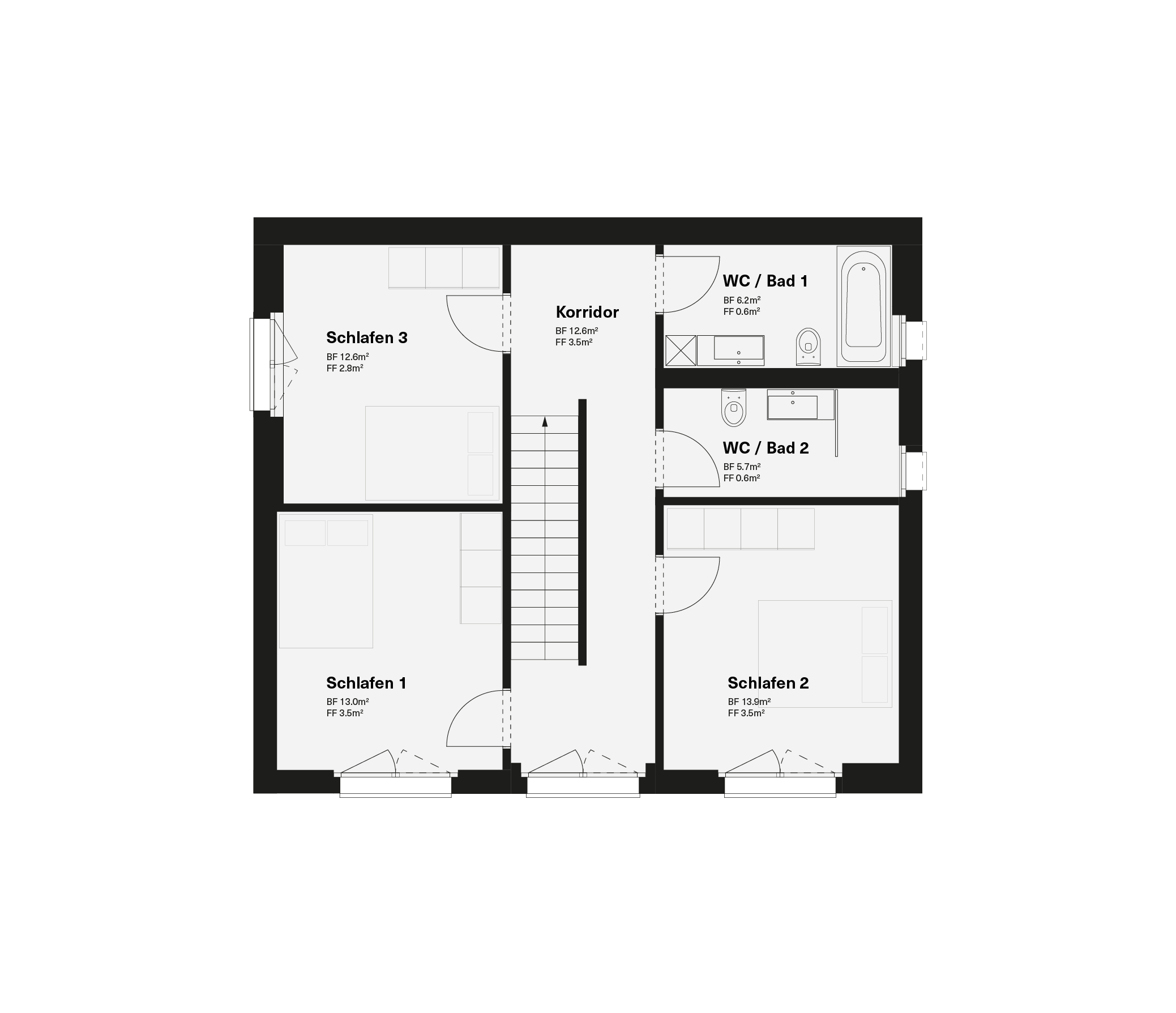 Grundriss eines Hauses mit vier Schlafzimmern, einem Flur, zwei Badezimmern, mehreren Betten und Möbeln.