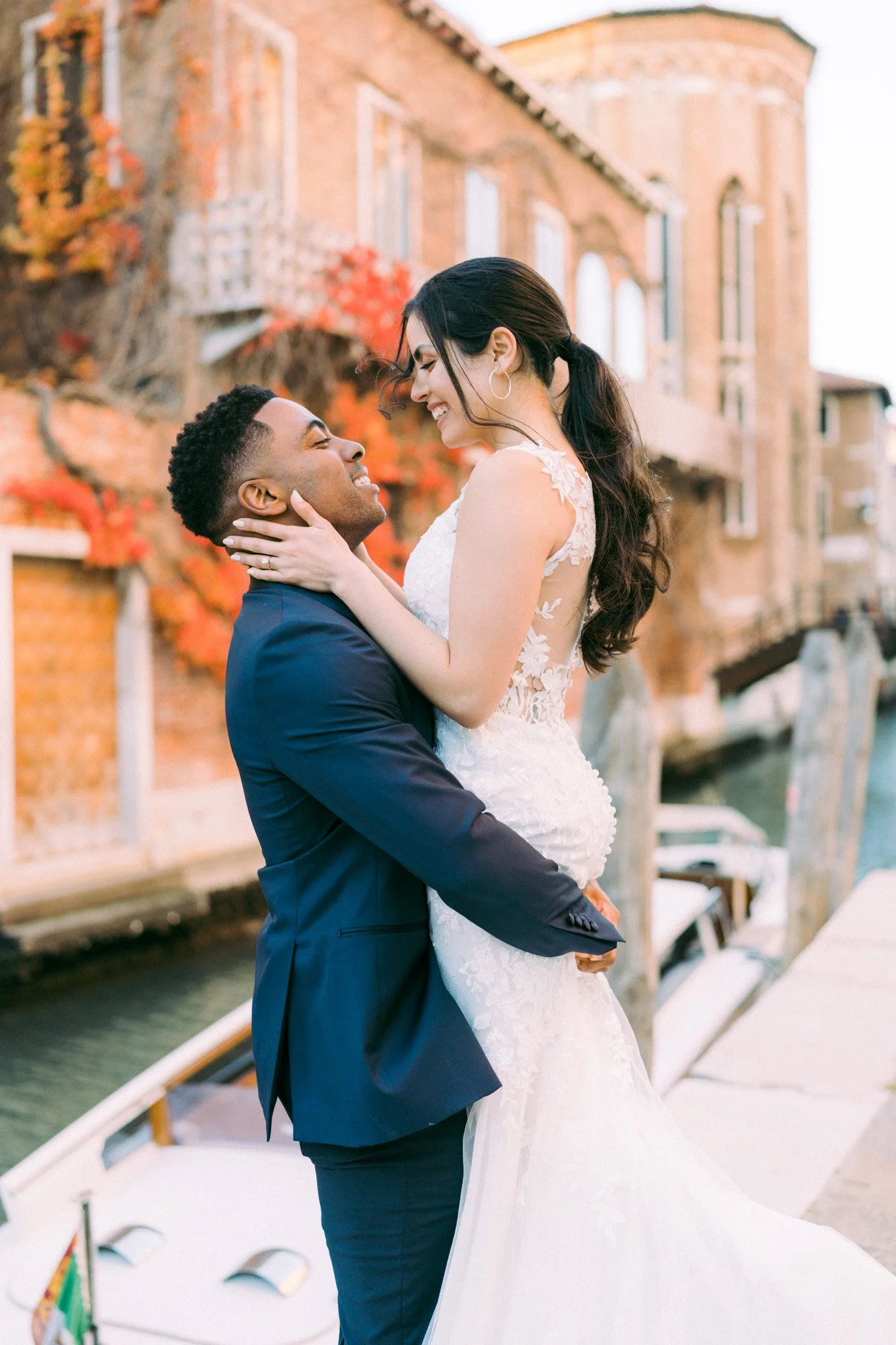Bride and Groom Laughing by Venetian Canals – Venice Photographer