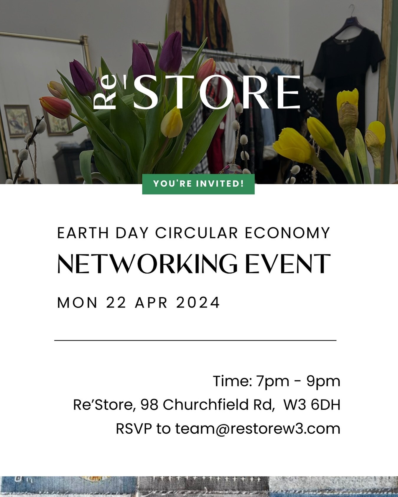 Celebrate Earth Day with Re&rsquo;Store at our Circular Economy Networking Event! 
Monday 22nd April 2024, 7-9pm

Come together with fellow sustainability enthusiasts to connect, exchange ideas, and discover new opportunities for collaboration. Wheth