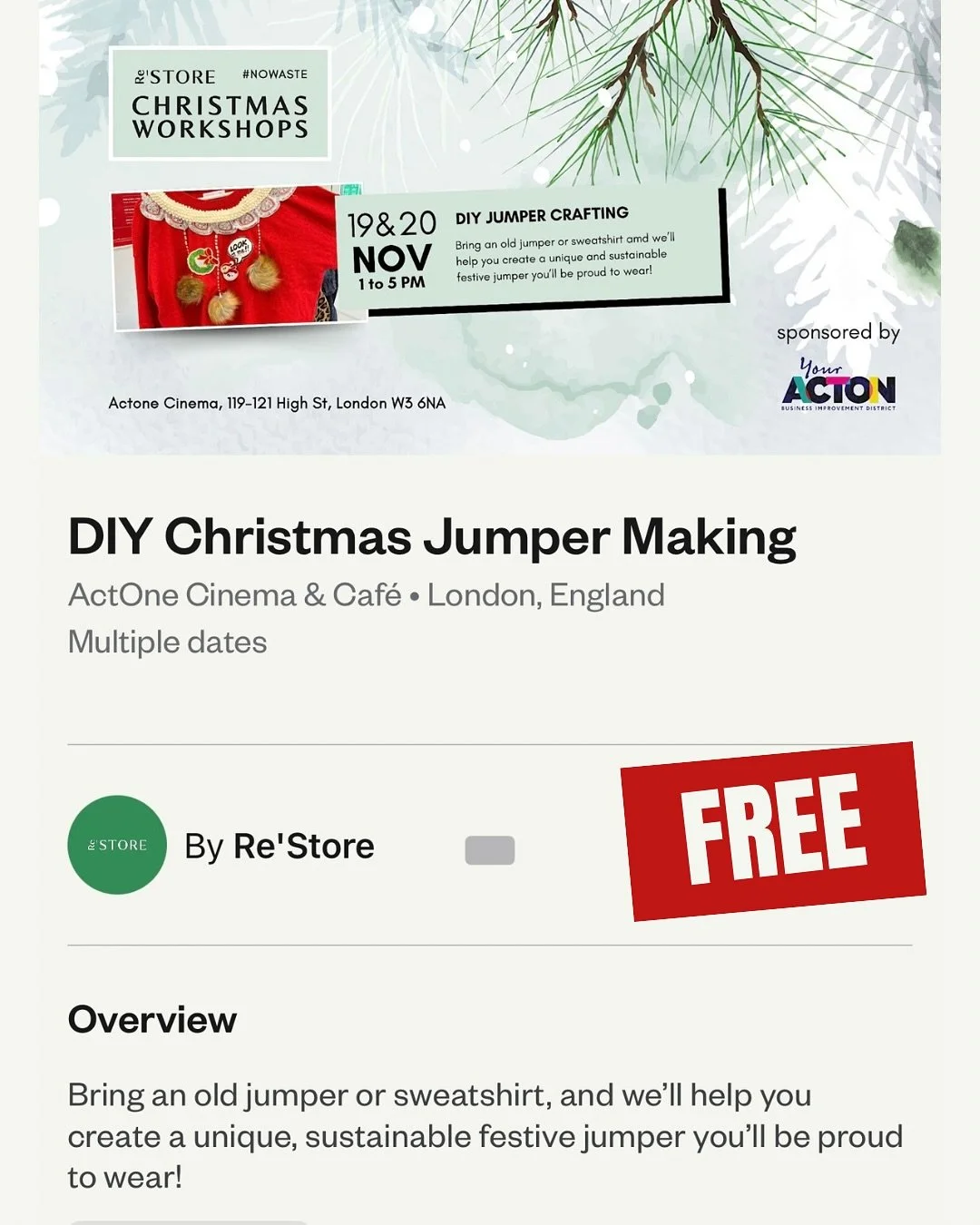 Christmas Jumper Workshops are on today and tomorrow 1-5pm @actone_cinema - we have added additional tickets (due to so many no shows when tickets are free) head to restorew3.com/workshops to book!