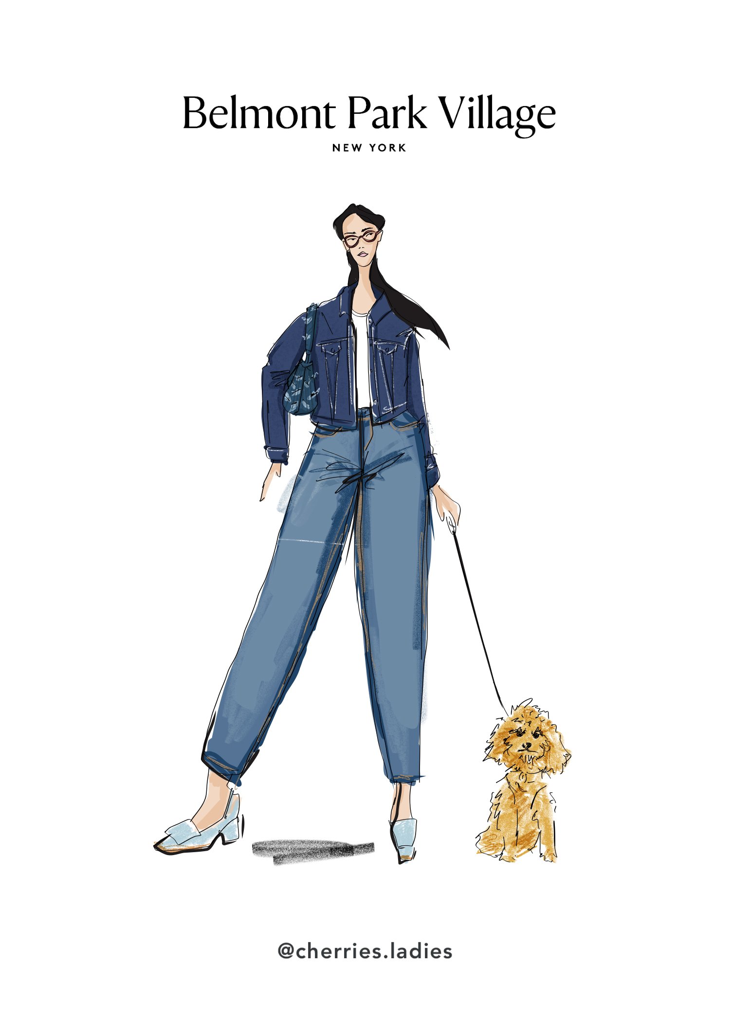 Fashion illustration of a woman in high heels and jeans holding a small dog on a leash, with the text 'Belmont Park Village, New York' at the top and '@cherries.ladies' at the bottom.