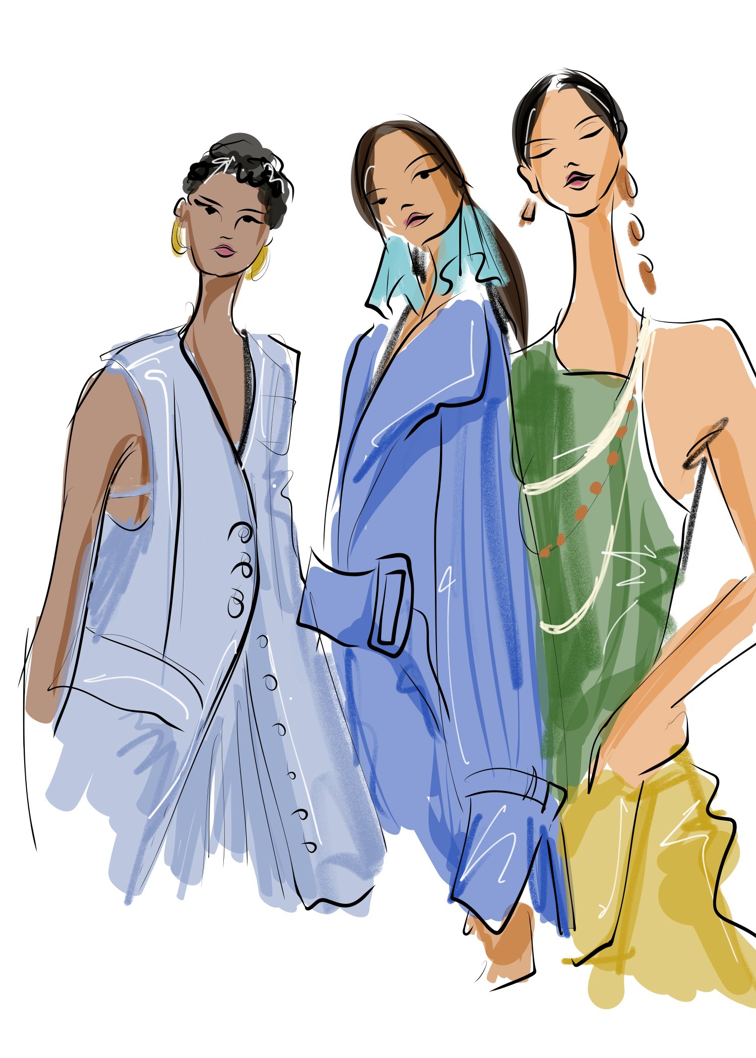 Stylized digital illustration of three fashionable women standing together, each wearing colorful, trendy clothing and accessories.