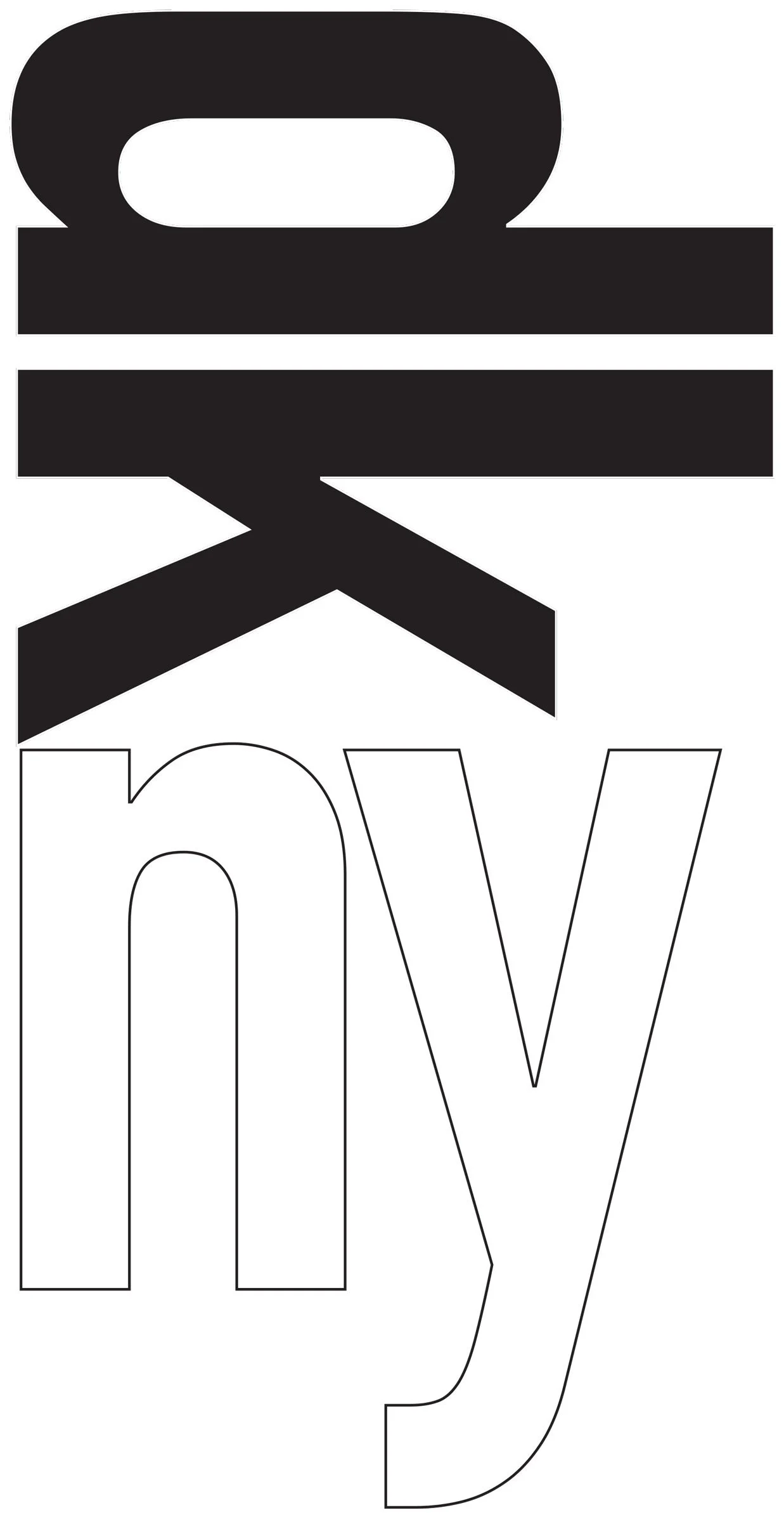 Black and white graphic design with the words "dkny" in large, stylized letters, with "dk" in bold black rotated clock-wise and "ny" outlined. Cherrelle King Fashion Portfolio