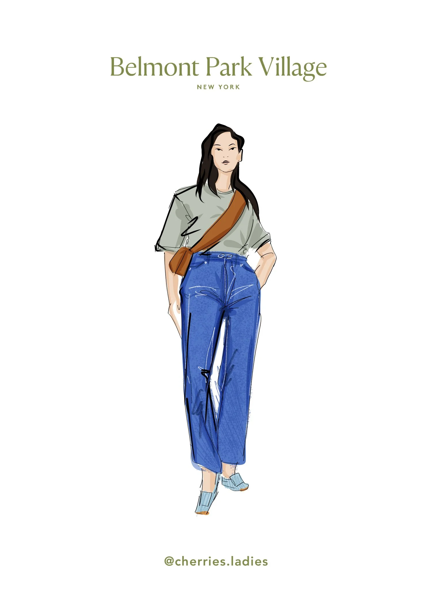 Illustration of a woman wearing high-waisted blue jeans, a loose light green top, light blue shoes, and a brown shoulder bag, standing against a white background with the text 'Belmont Park Village, New York' and '@cherries.ladies'.