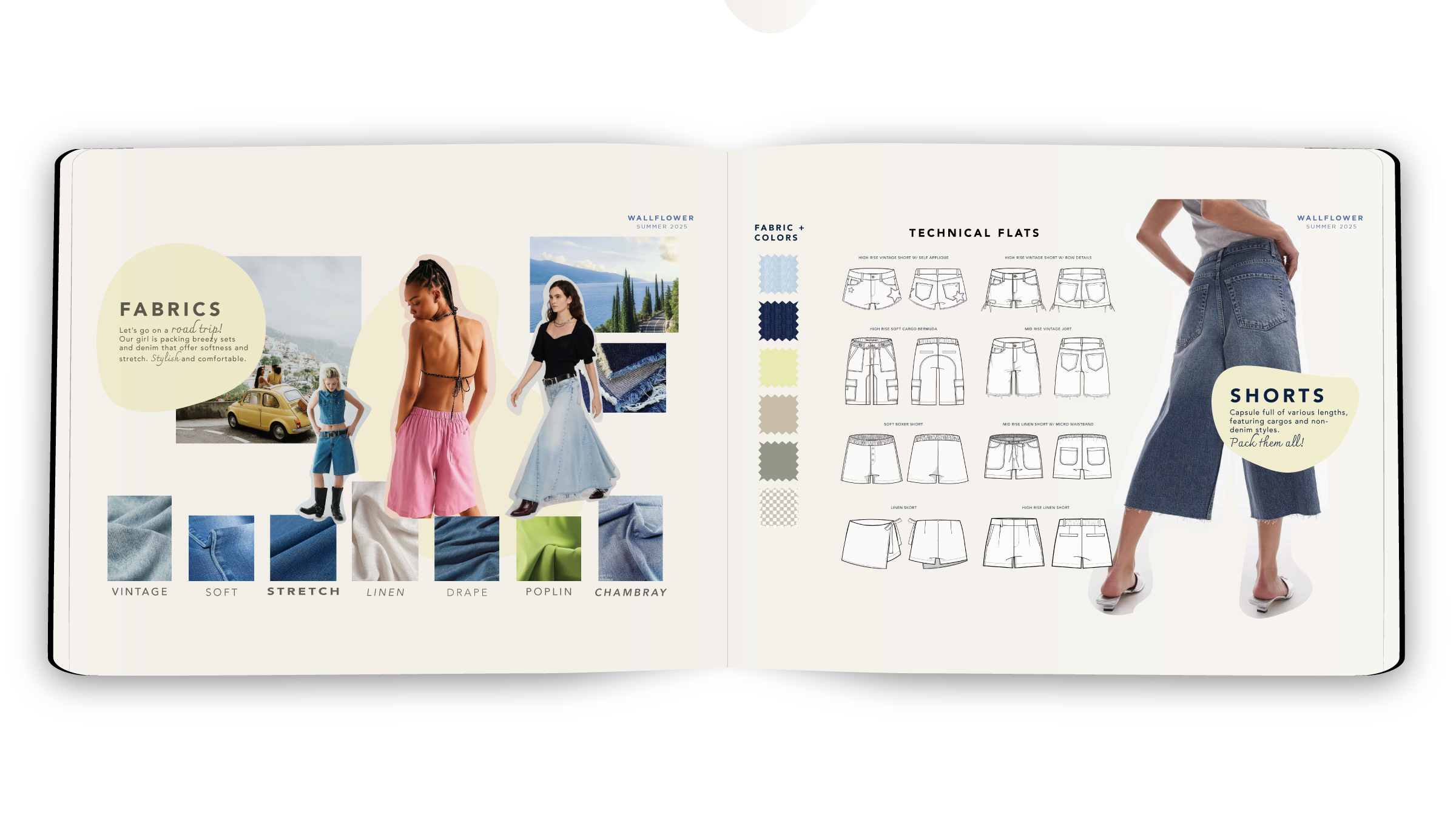 Open fashion catalog showing fabric options, styles, and illustrations of technical flat sketches of shorts, featuring images of models wearing colorful shorts and fabric swatches. Cherrelle King Fashion Portfolio
