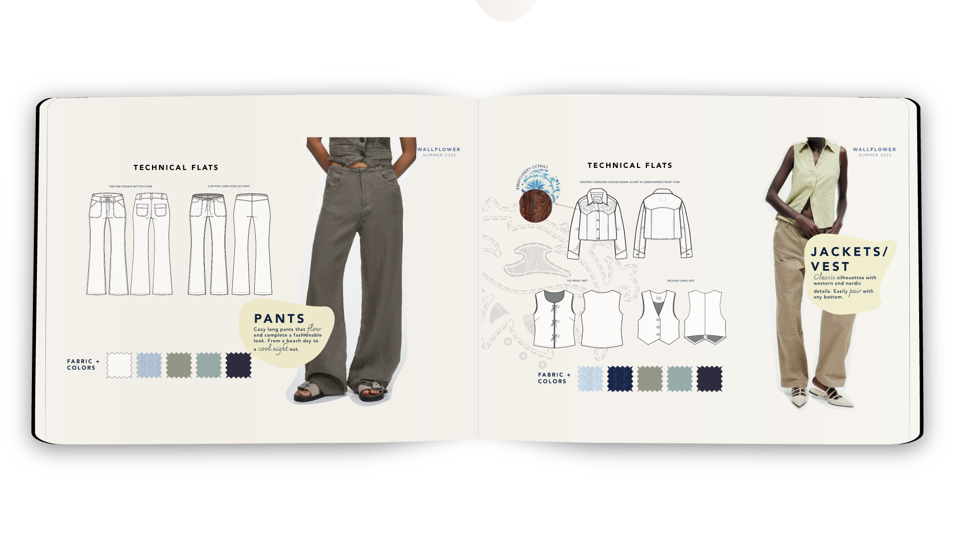 Open fashion magazine showing clothing styles, technical flats, fabric swatches, and photos of a woman in wide-leg pants and a sleeveless vest. Text snippets highlight pants, jackets, and color palettes. Cherrelle King Fashion Portfolio