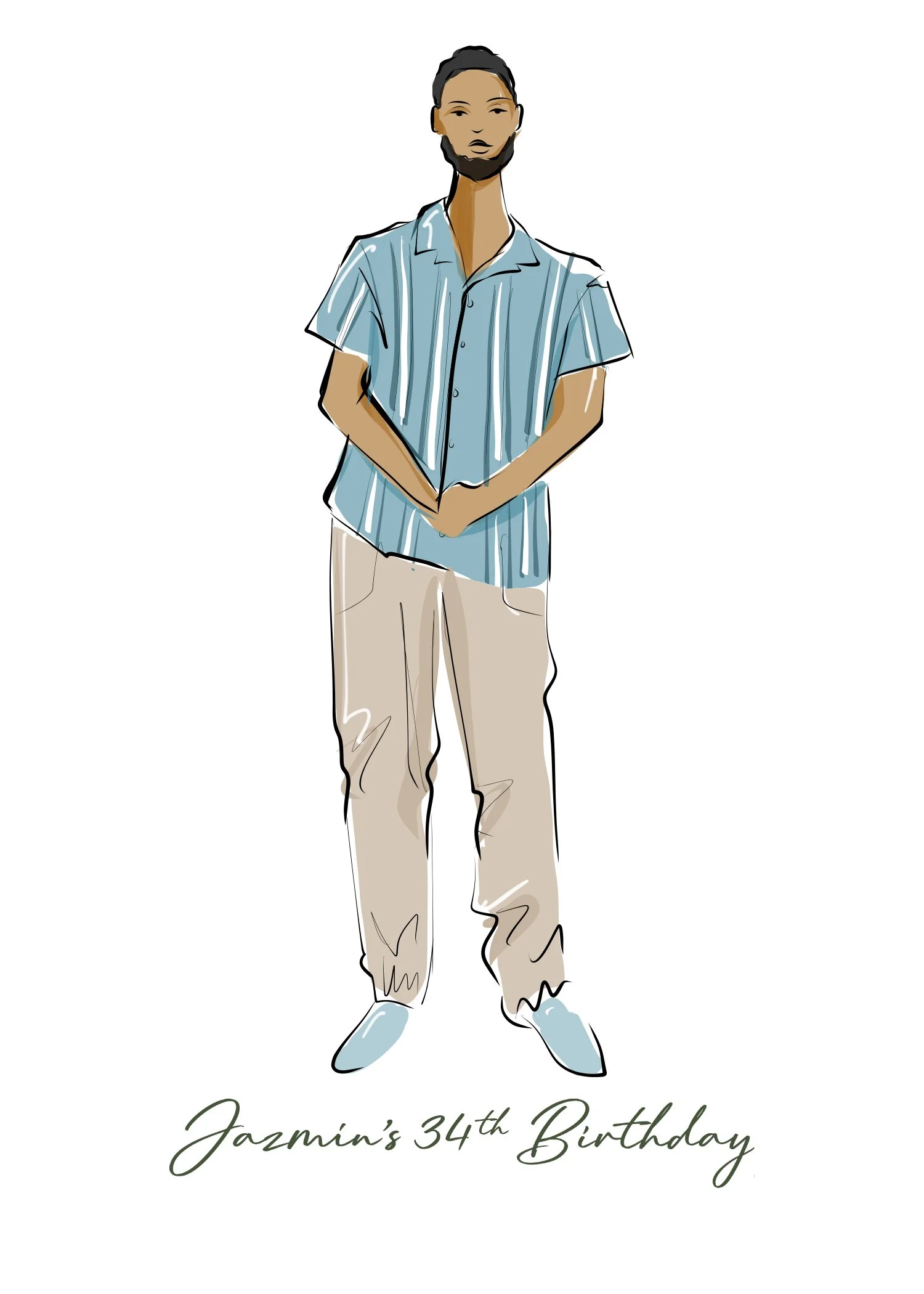 Stylized illustration of a man with a beard, wearing a light blue and white striped shirt and beige pants, with the text "Jazmin's 34th Birthday" at the bottom. From Cherries Ladies Live Illustration