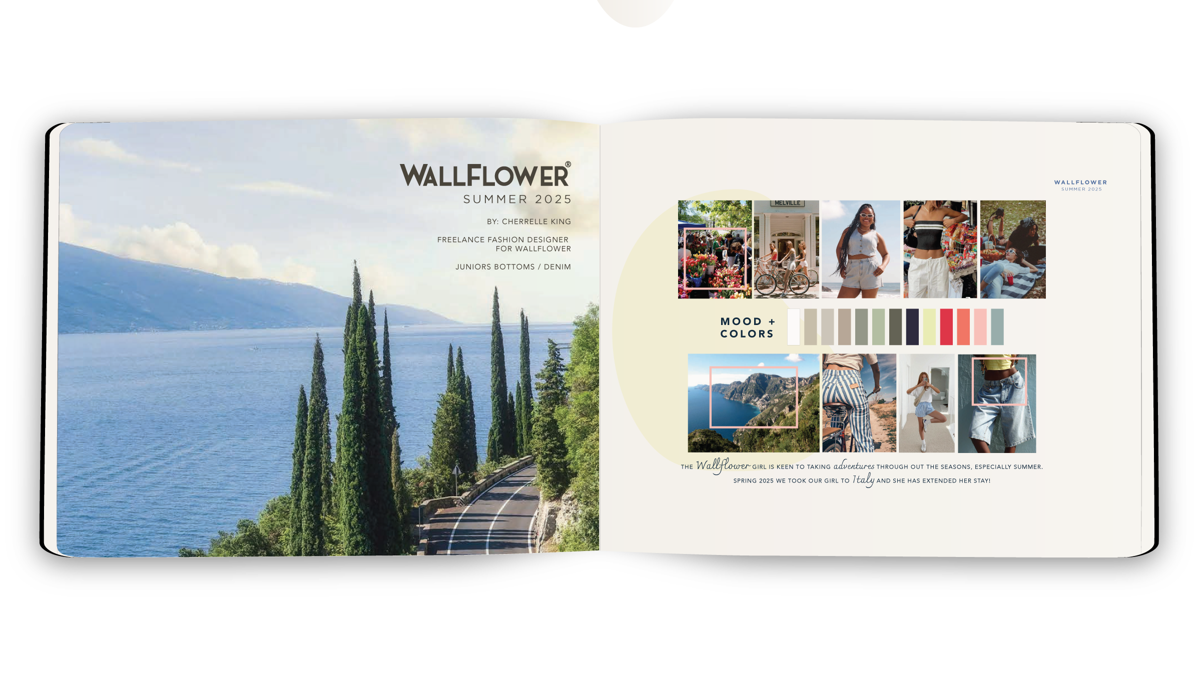 Open magazine featuring summer fashion, landscape photos, and color palette with photos of women in summer outfits, nature scenes, and lifestyle images. Cherrelle King Fashion Portfolio