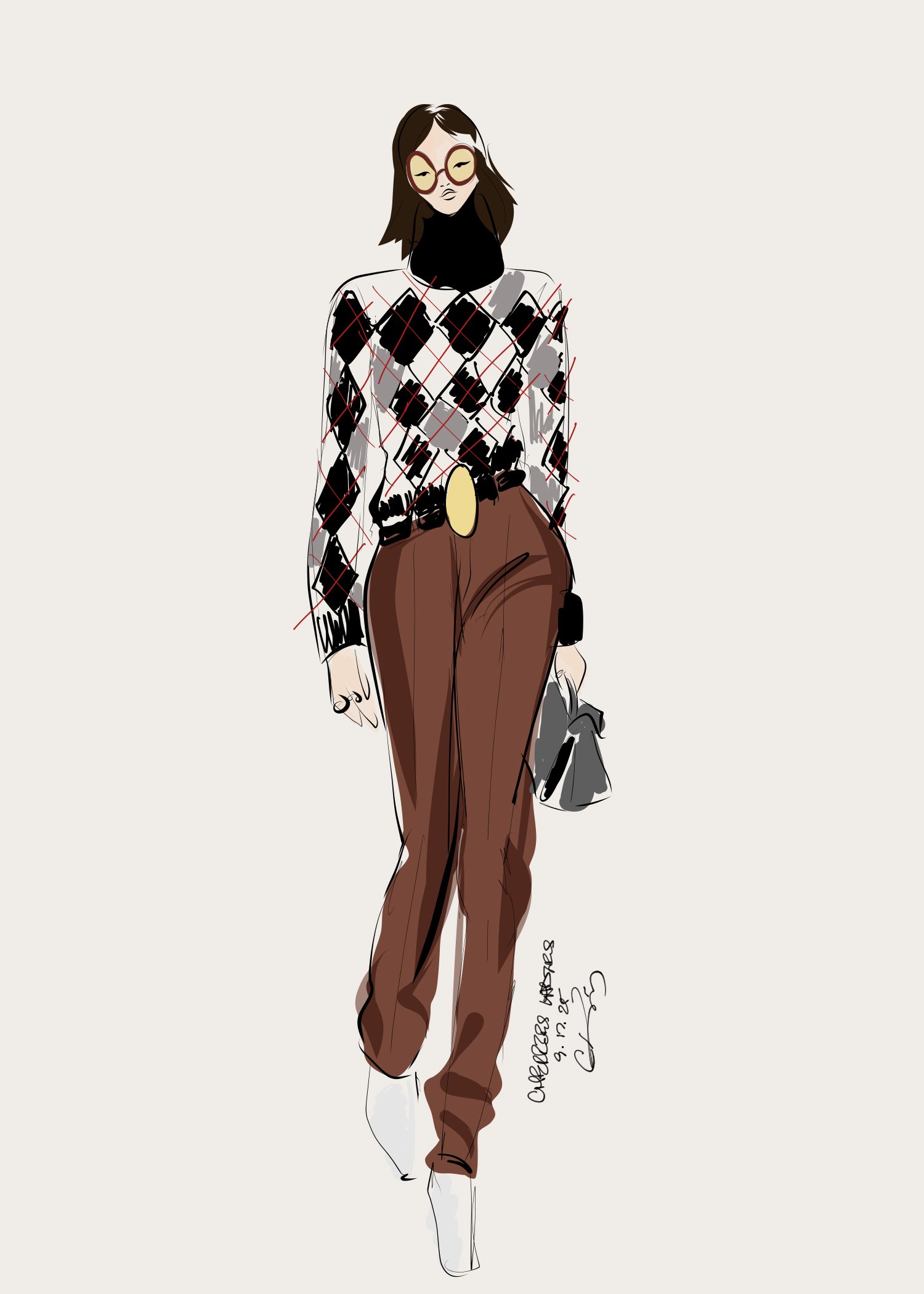 Fashion illustration of a woman walking, wearing a black and white argyle sweater, brown high-waisted pants, white shoes, large round glasses, and carrying a small handbag. From Cherries Ladies Live Illustration
