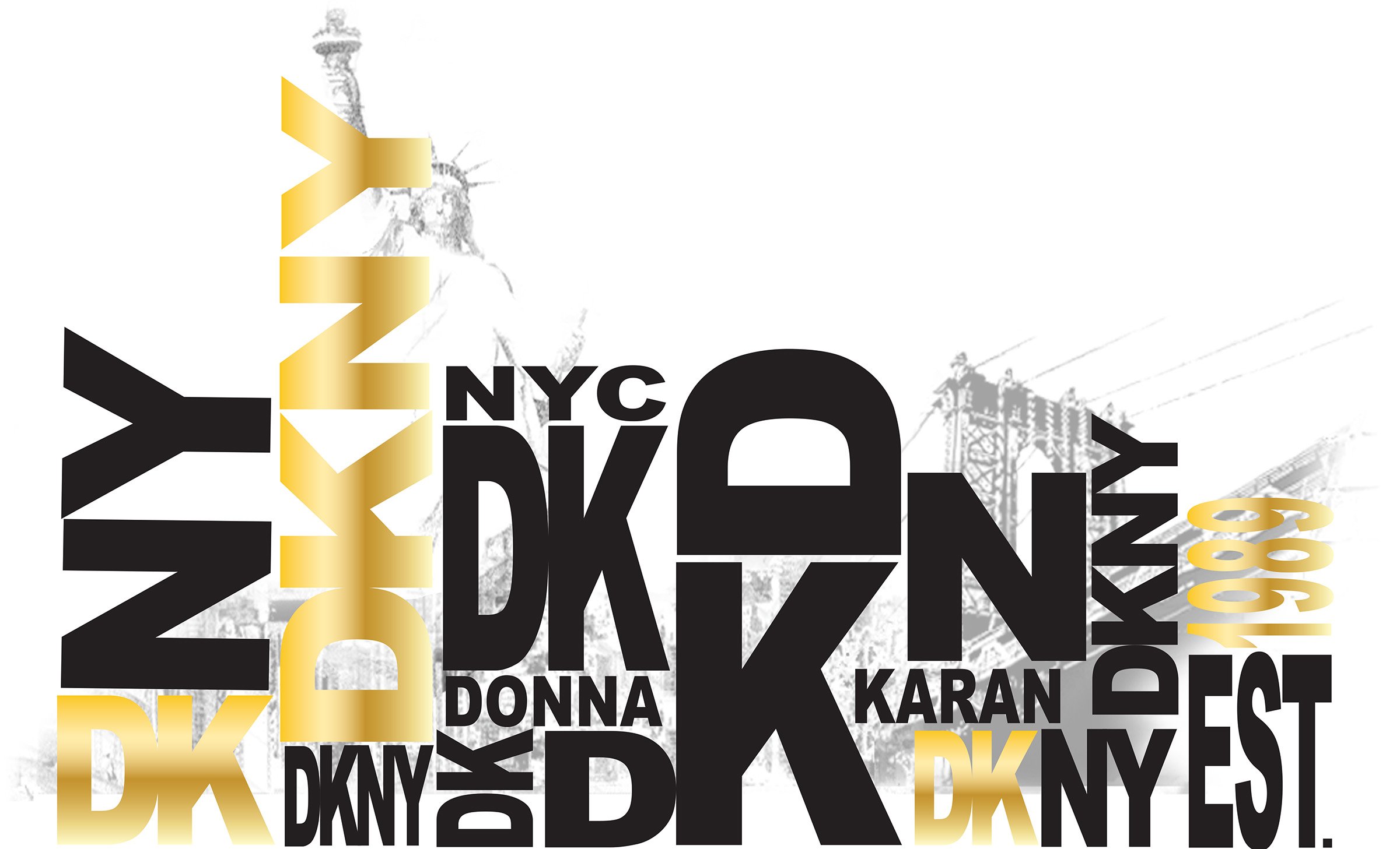 A graphic design featuring the words "NYC DKNY" in various black and gold fonts, with a black and white background image of a bridge and a sculpture. Cherrelle King Fashion Portfolio