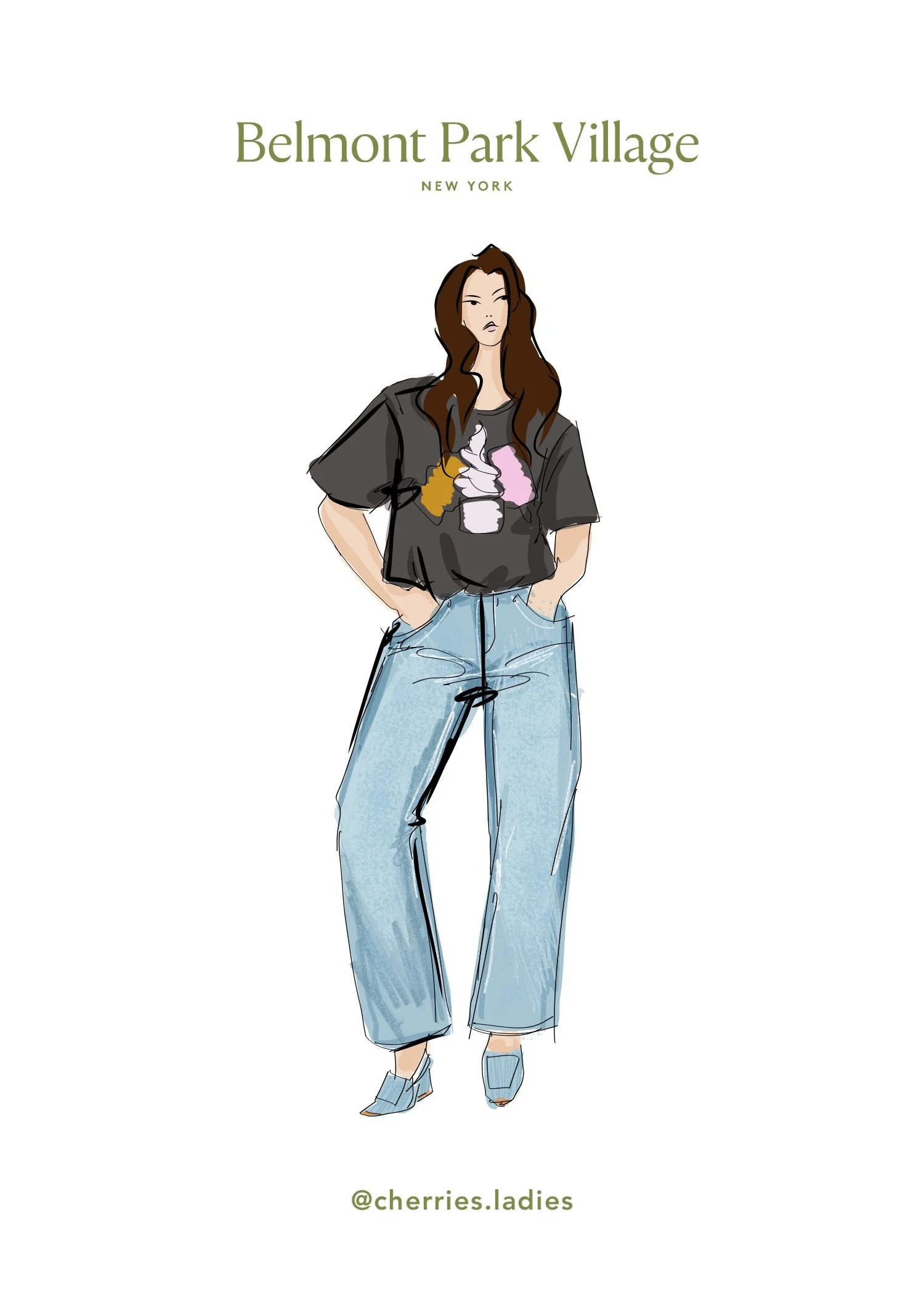 Illustration of a woman with brown hair wearing a black oversized t-shirt with ice cream cone graphic, light blue wide-leg jeans, and blue high heels. Text at the top reads 'Belmont Park Village, New York' and at the bottom '@cherries.ladies'.