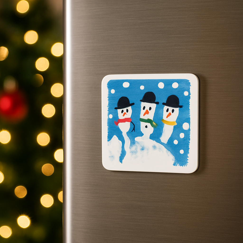School square christmas fridge magnet featuring child's original artwork and placed on a silver fridge