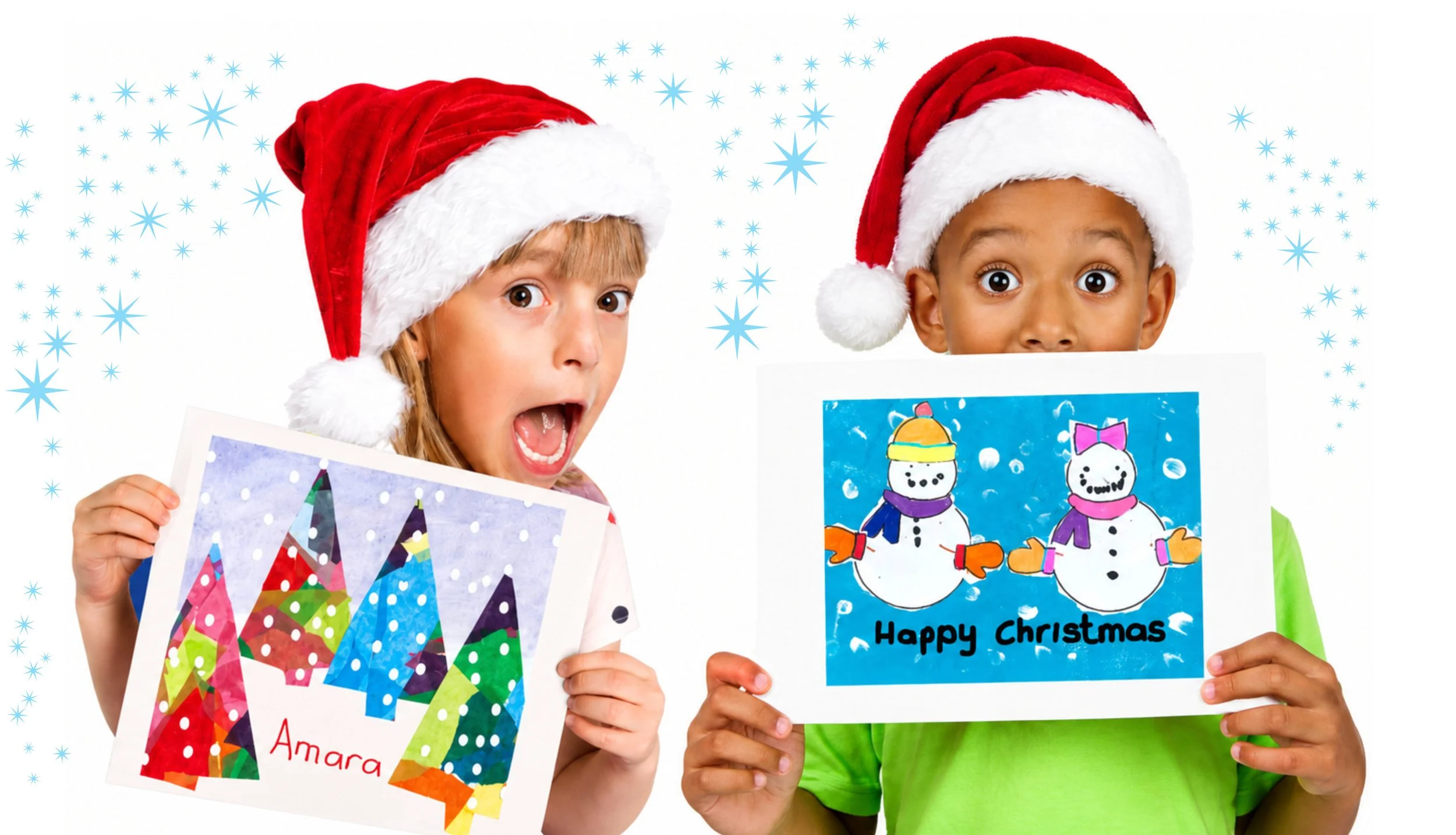 Happy children in christmas santa hats holding up christmas artwork, ready to be printed onto fundraising products